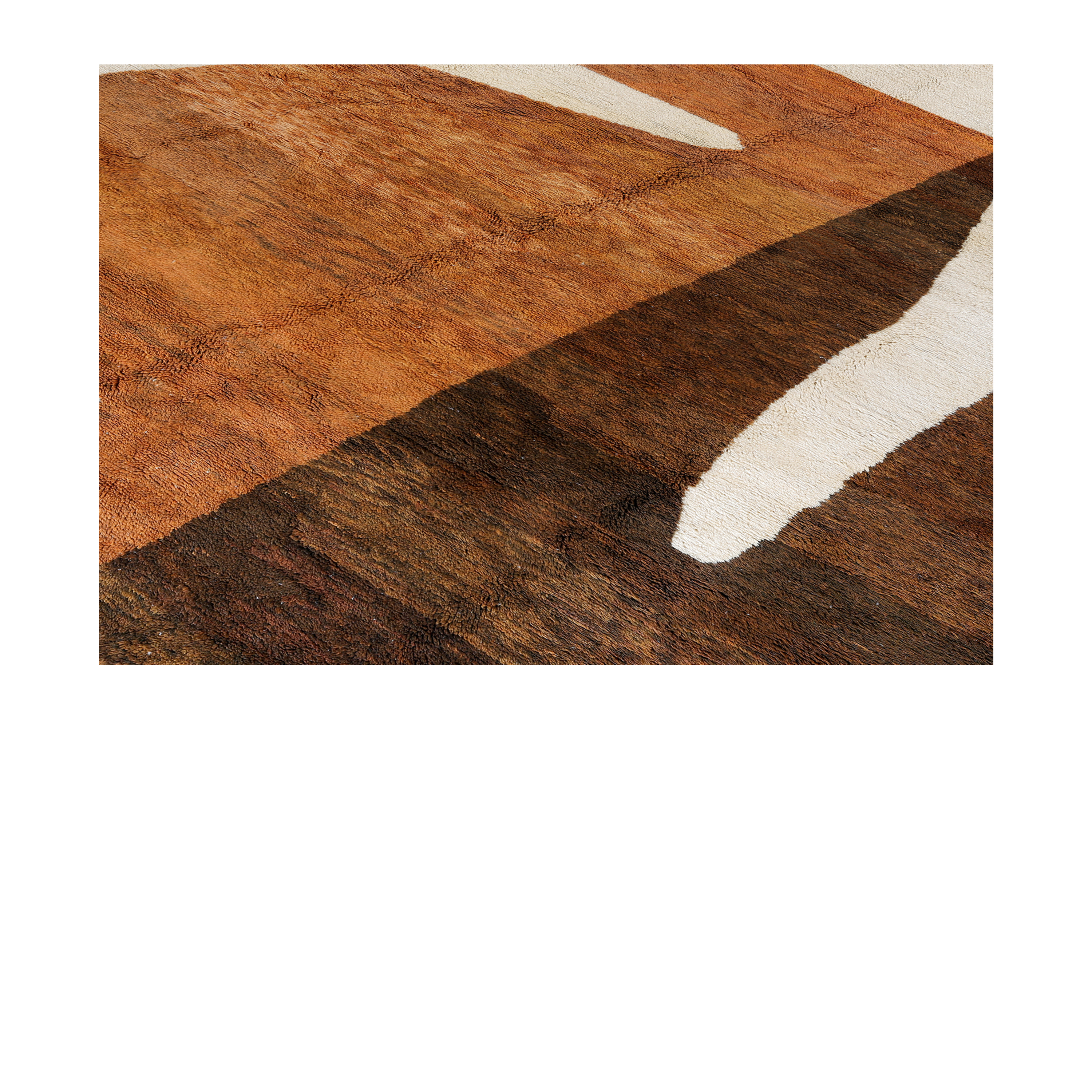 Handwoven Moroccan rug with abstract terracotta and cream design in wool