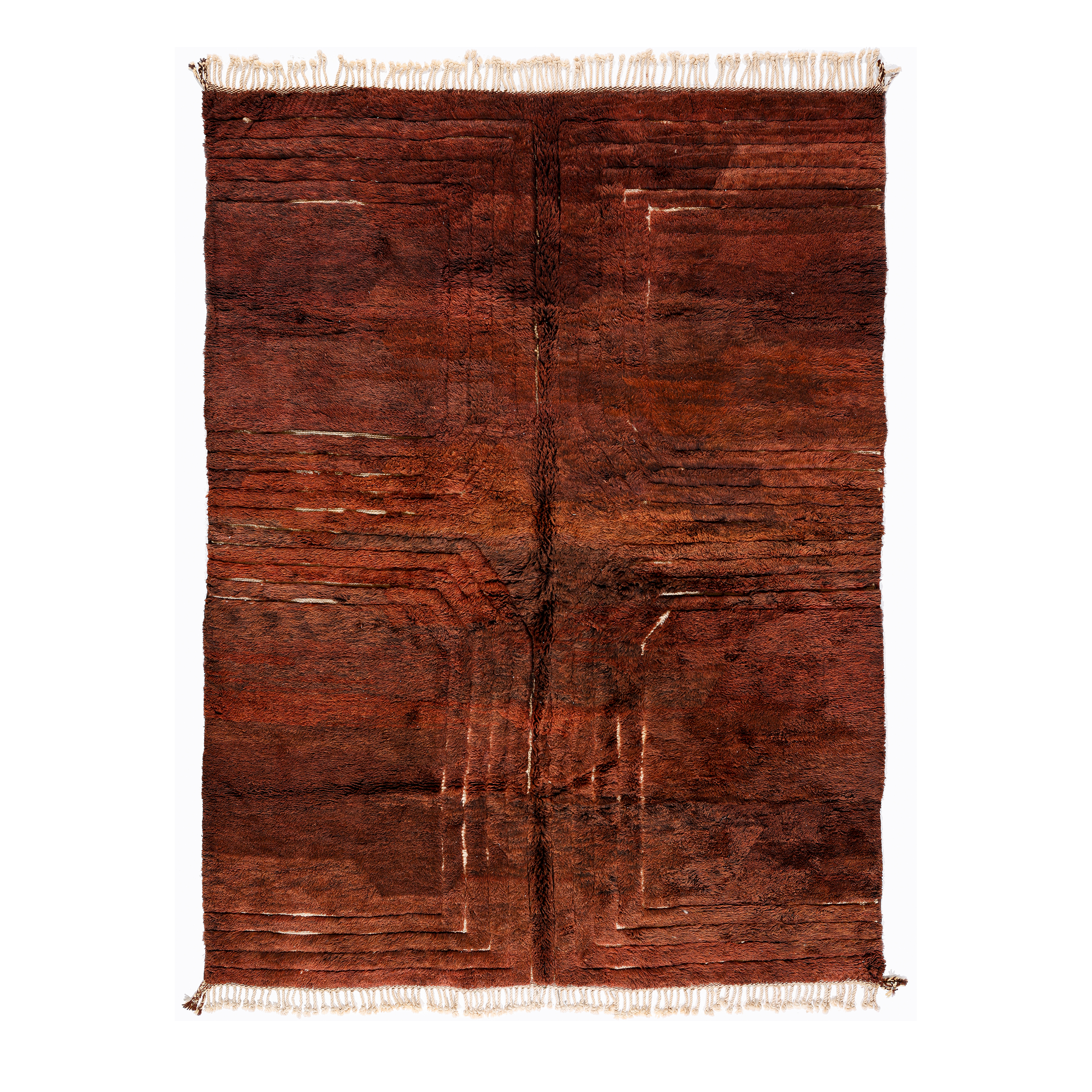 Textured Beni Ourain Moroccan rug in maroon with linear wool pattern and natural fringe