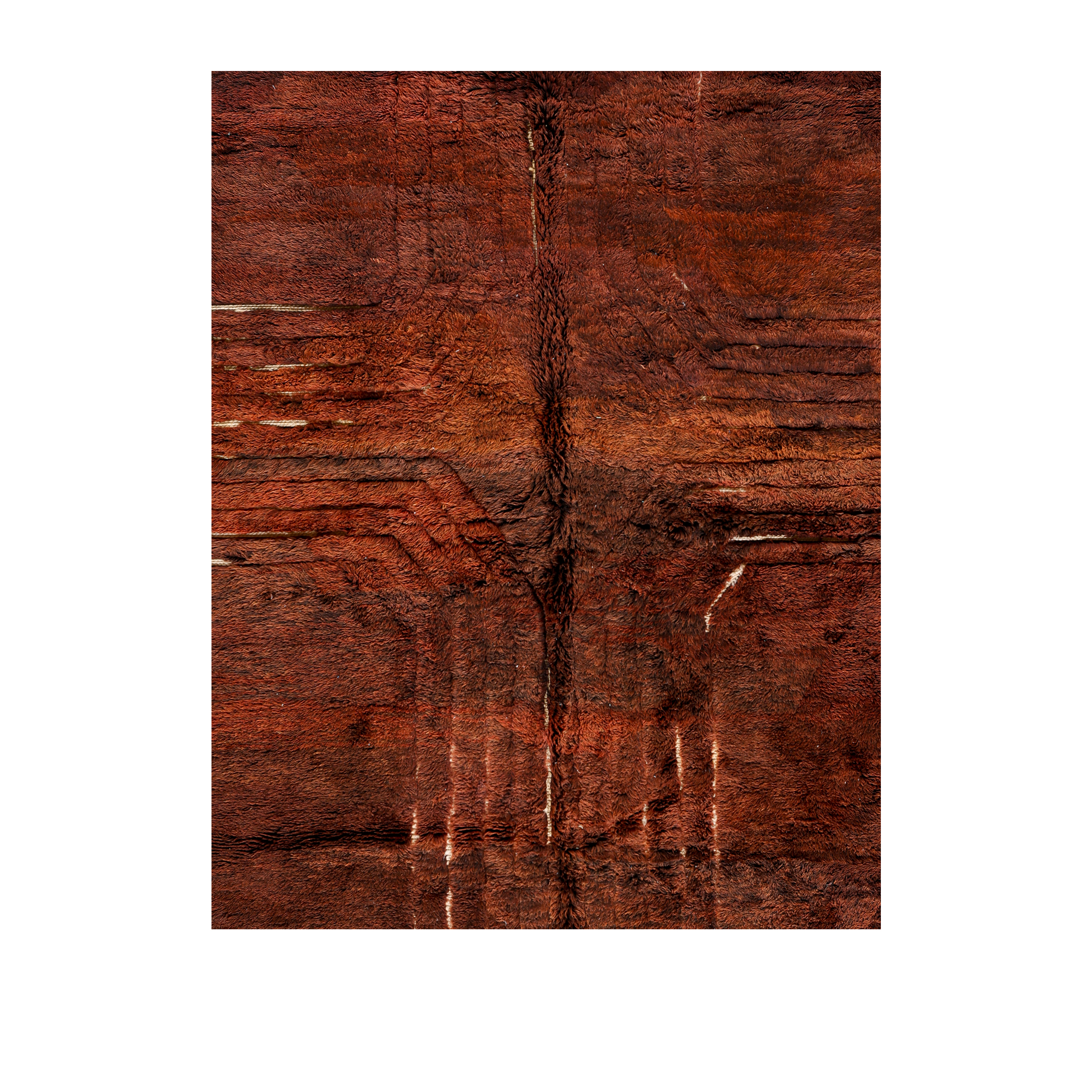 Textured Beni Ourain Moroccan rug in maroon with linear wool pattern and natural fringe