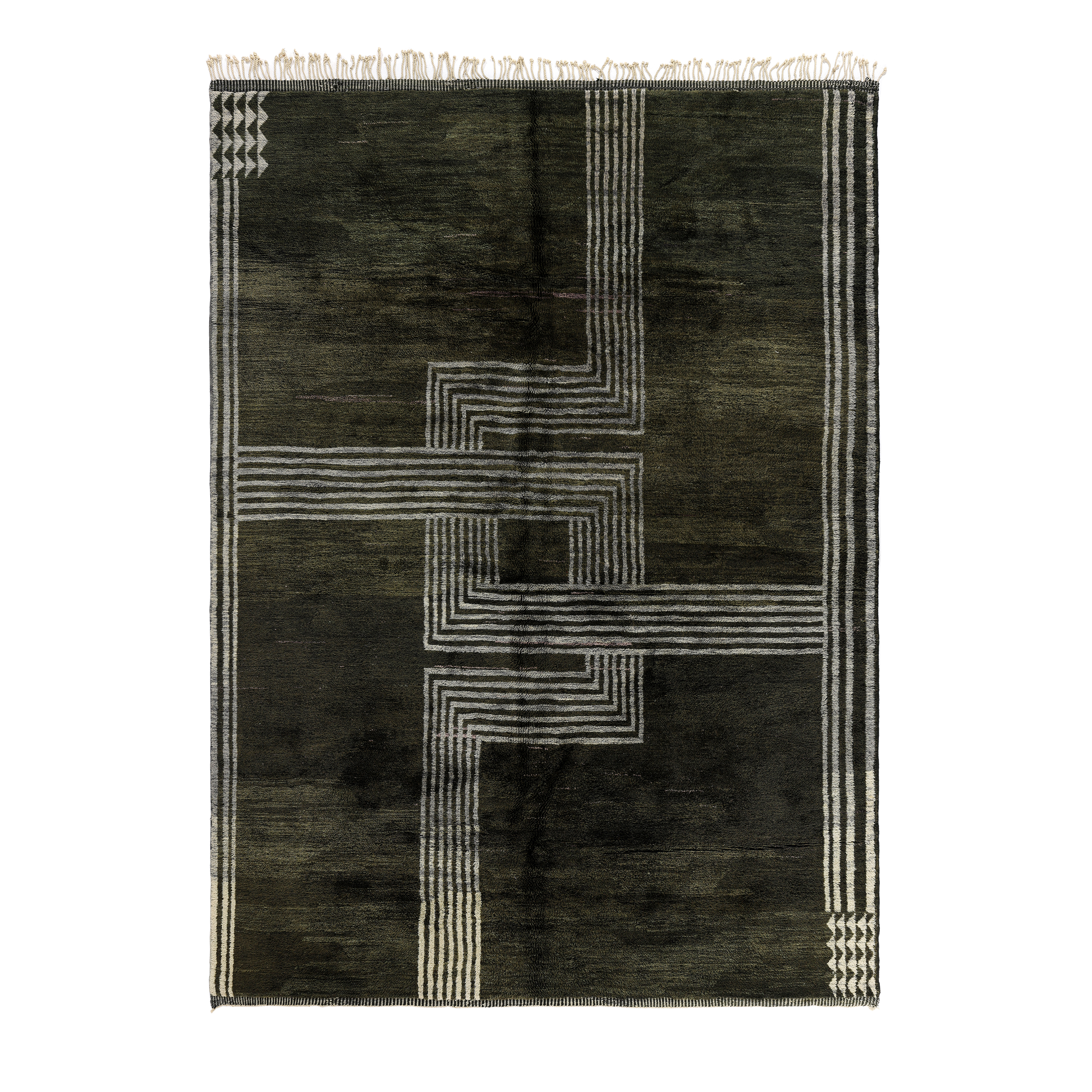 Modern charcoal Moroccan rug with ivory maze pattern, luxury geometric wool carpet, handmade design