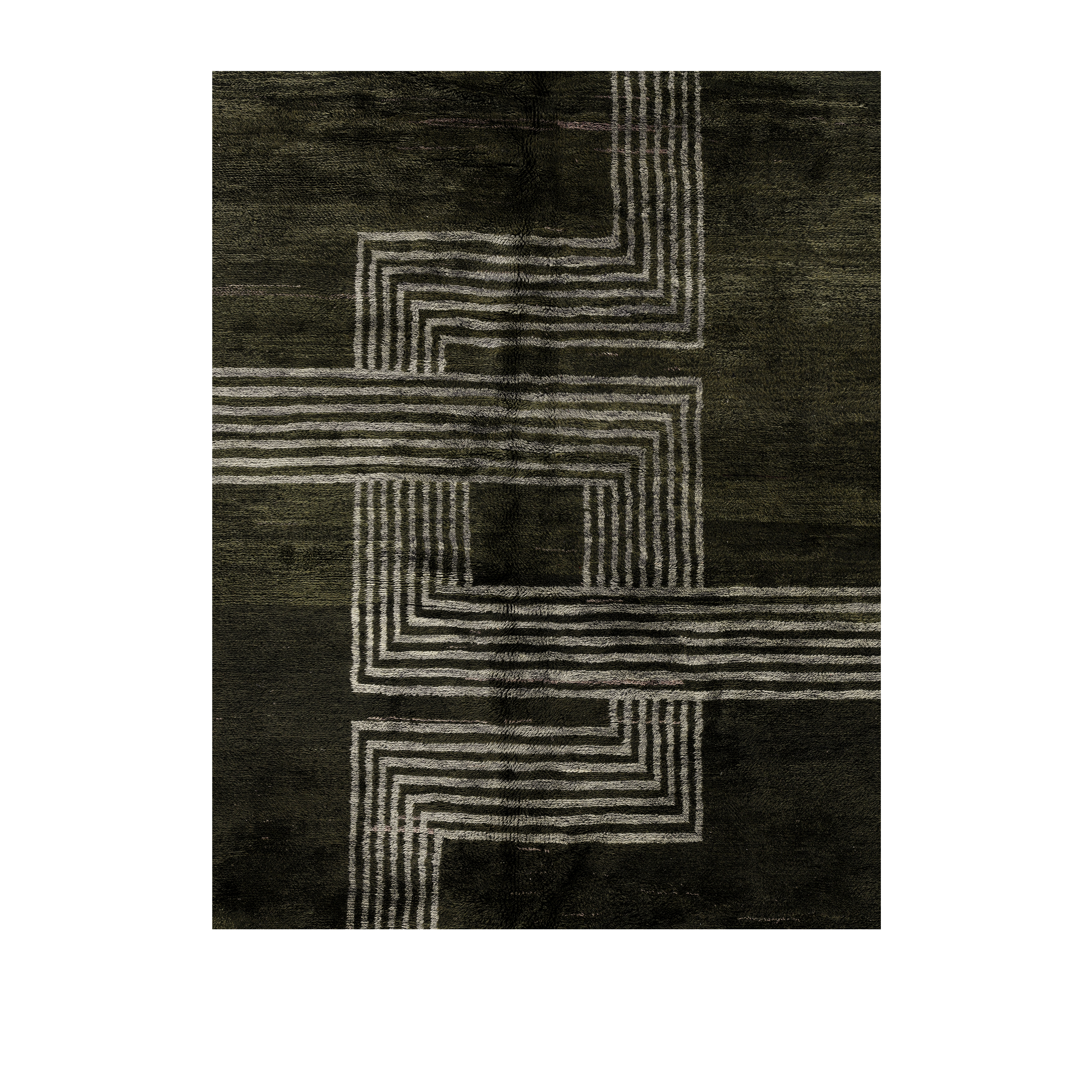 Modern charcoal Moroccan rug with ivory maze pattern, luxury geometric wool carpet, handmade design
