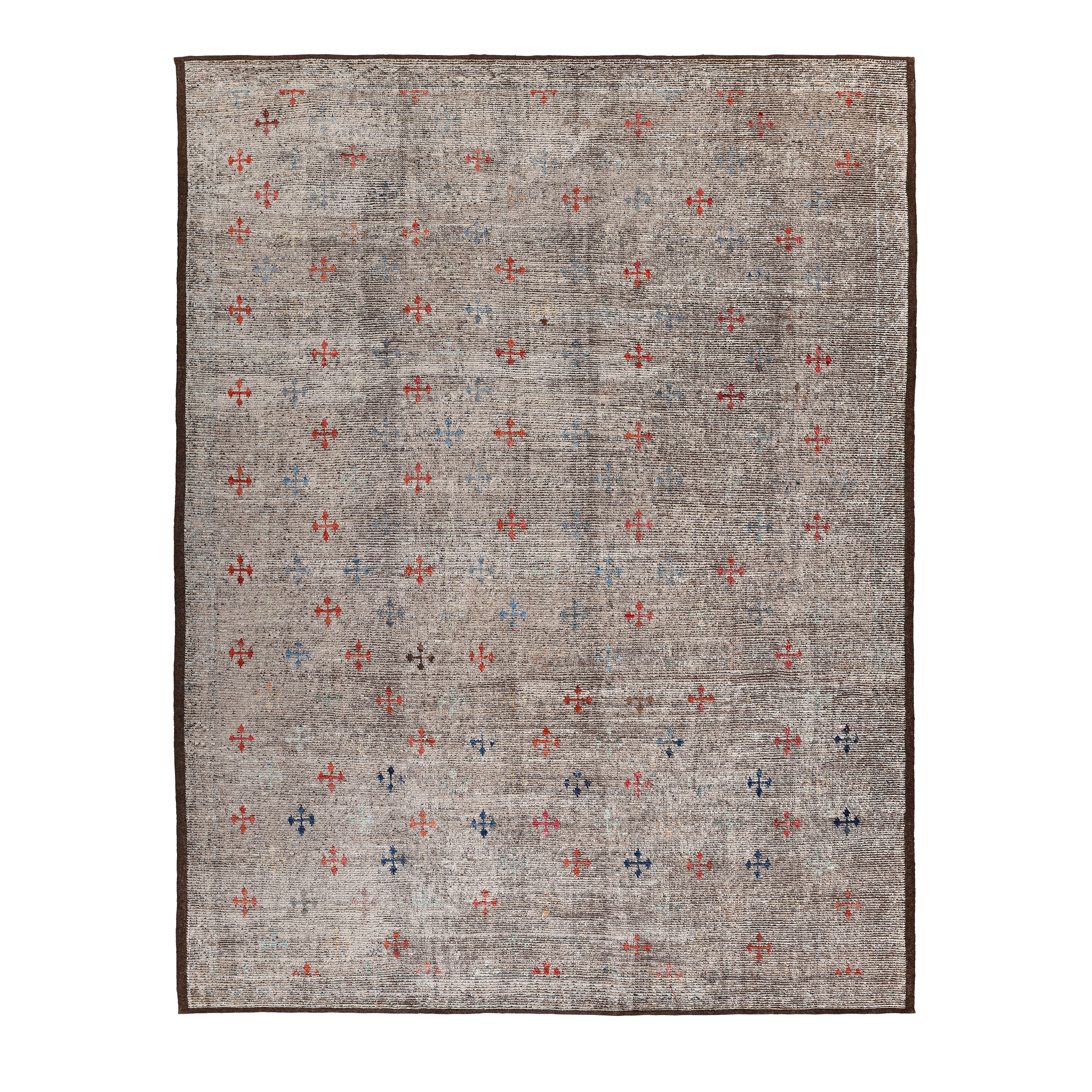 grey contemporary rug with small motifs, modern wool rug with red and blue accents, handmade grey patterned carpet