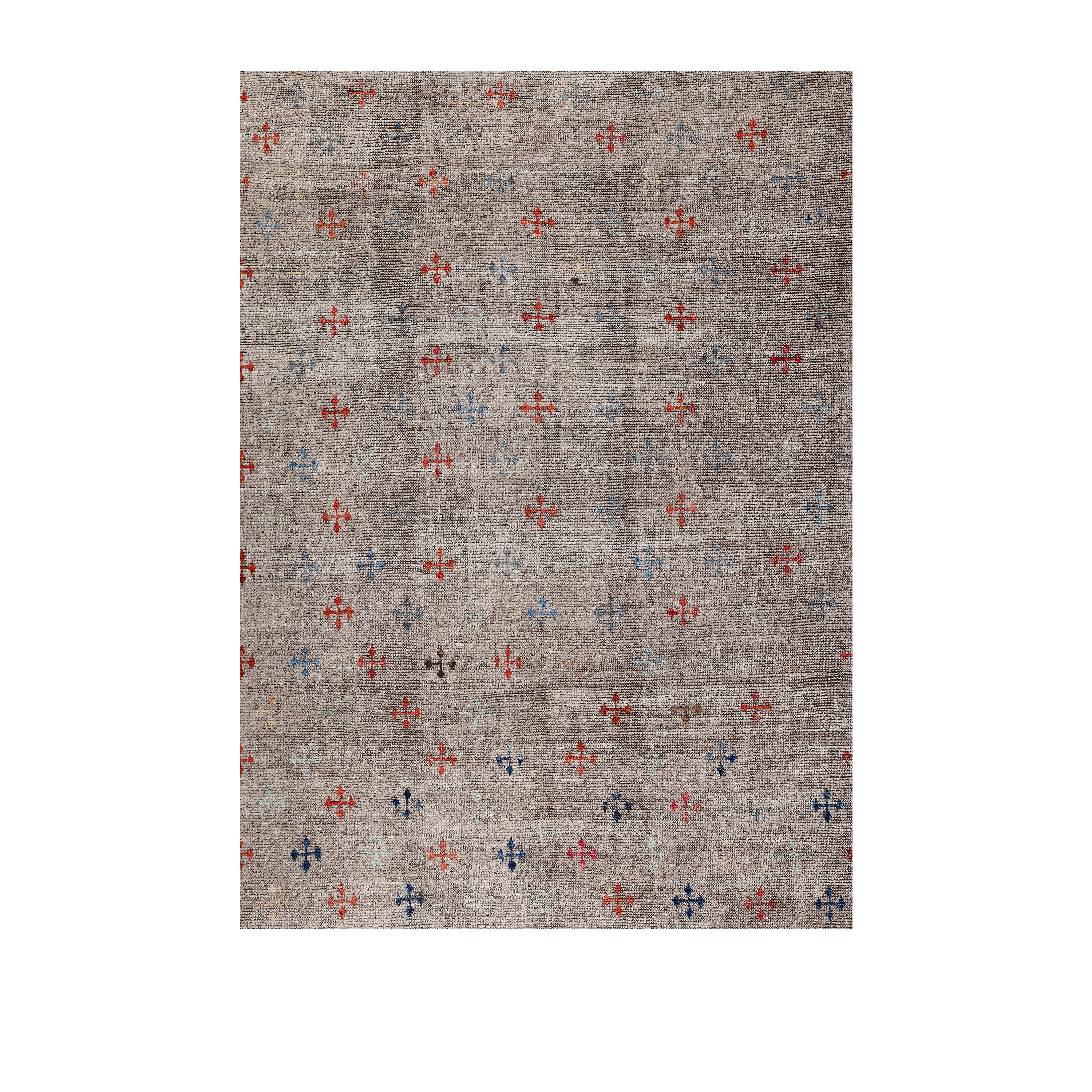 grey contemporary rug with small motifs, modern wool rug with red and blue accents, handmade grey patterned carpet