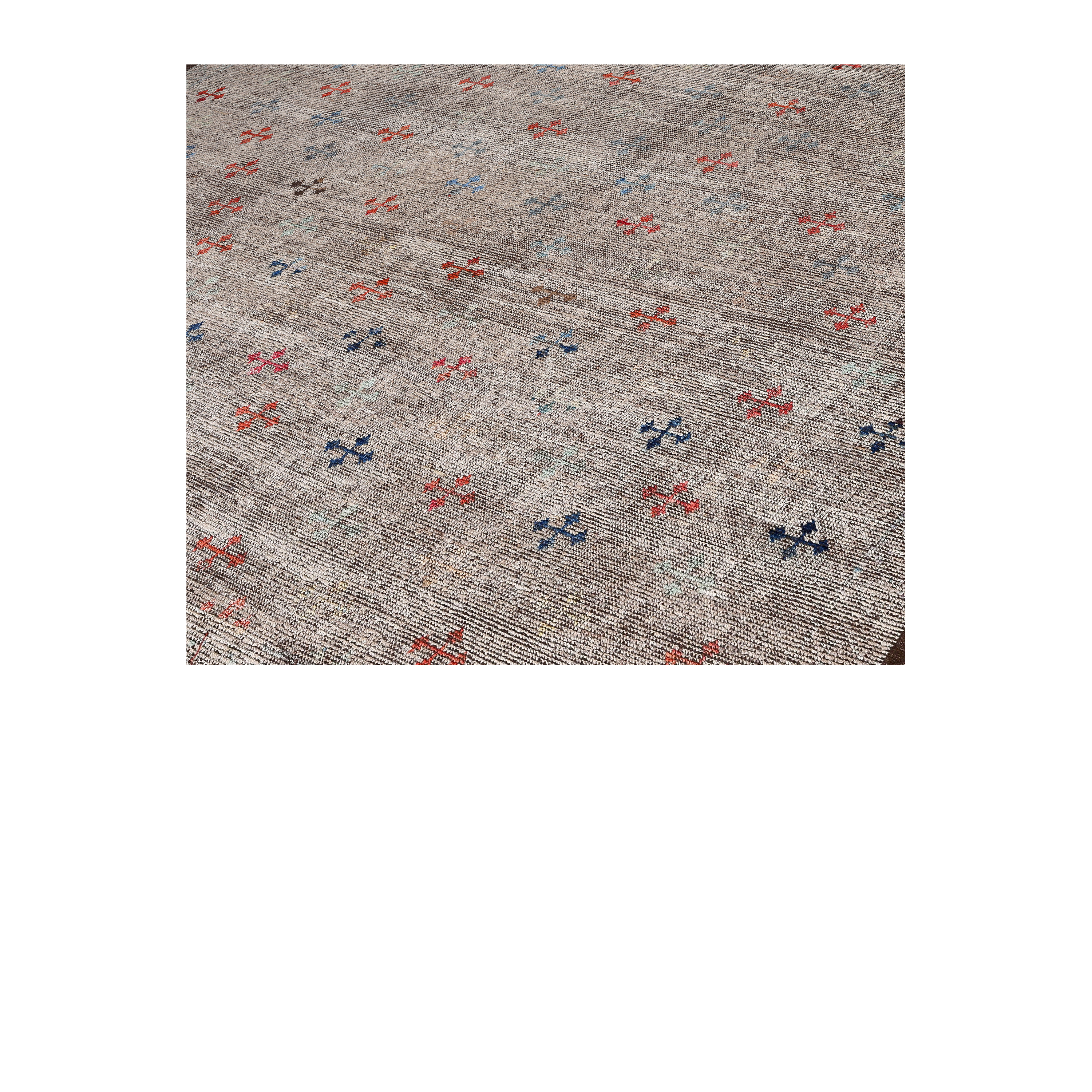 grey contemporary rug with small motifs, modern wool rug with red and blue accents, handmade grey patterned carpet