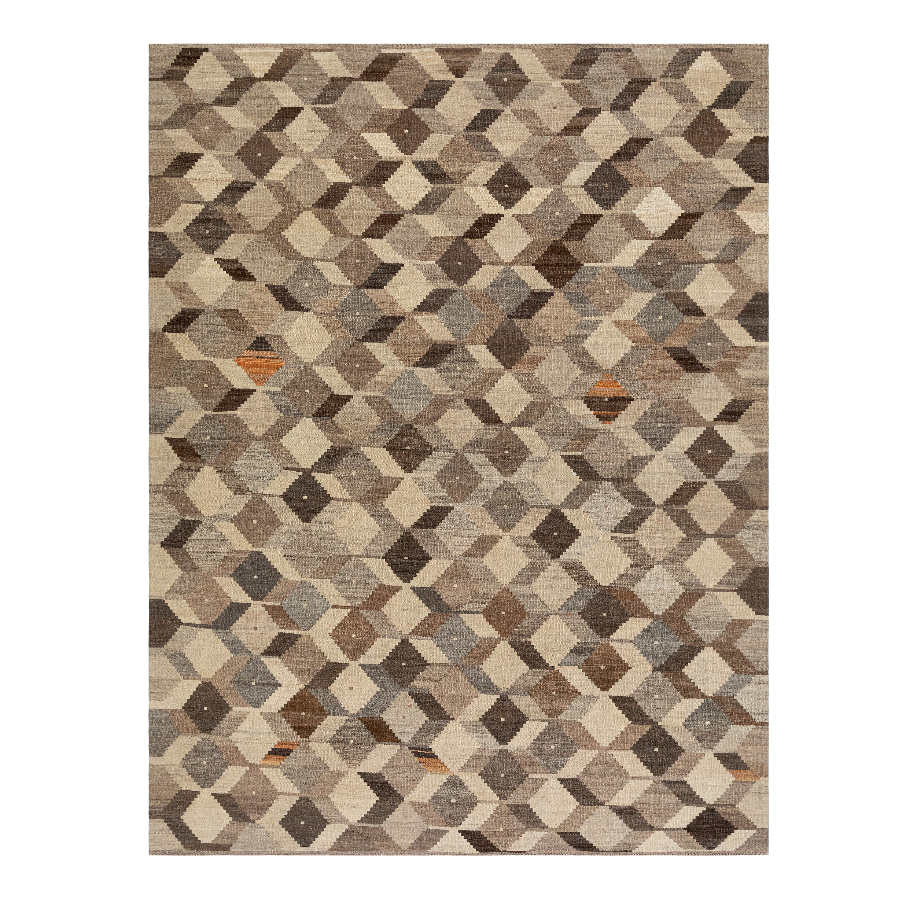 flatweave cubist natural rug, geometric neutral wool carpet, handmade cube pattern flatweave rug