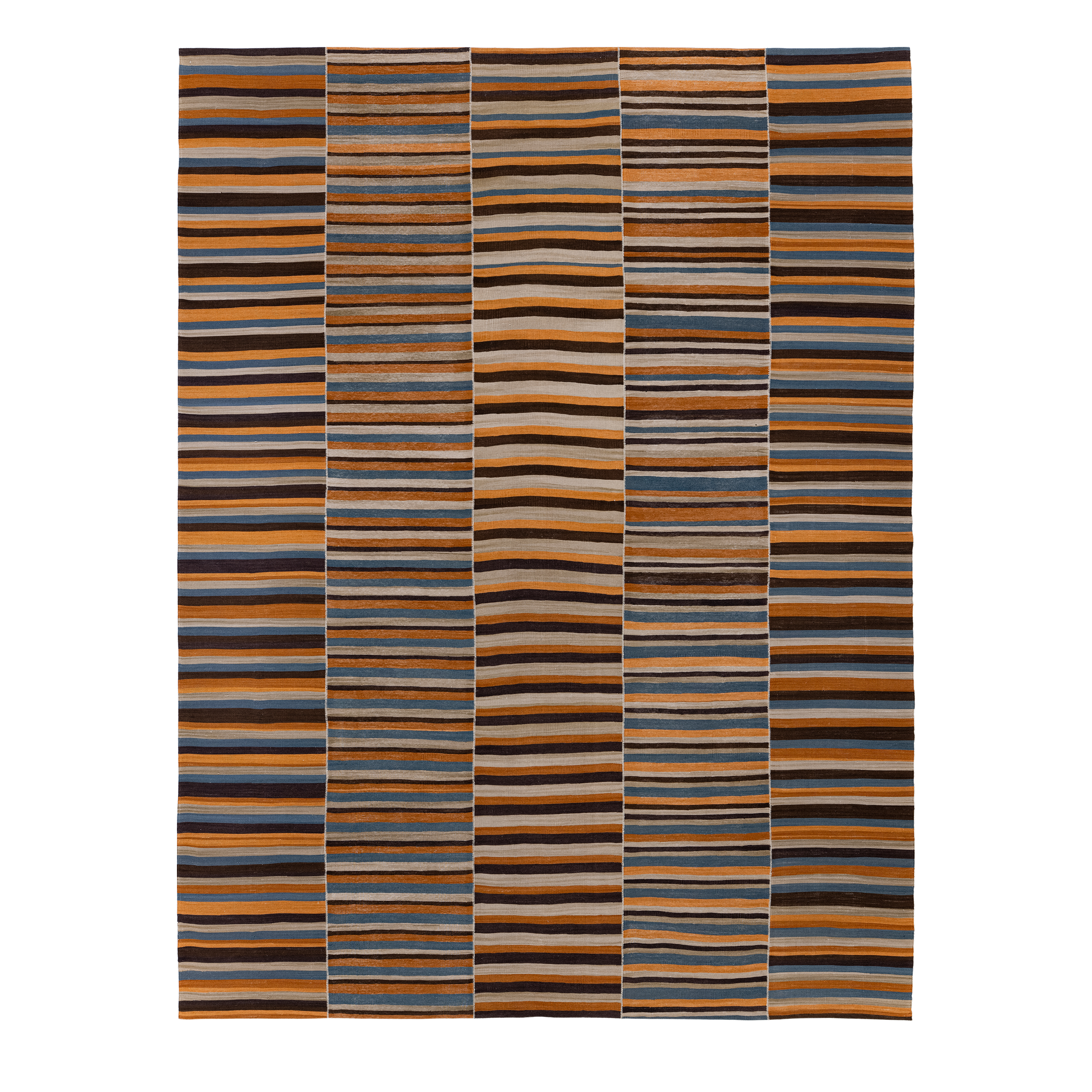 Mazandaran Flatweave Multicolored handmade wool, custom striped flatweave blue brown, Nasiri artisanal Mazandaran flatweave