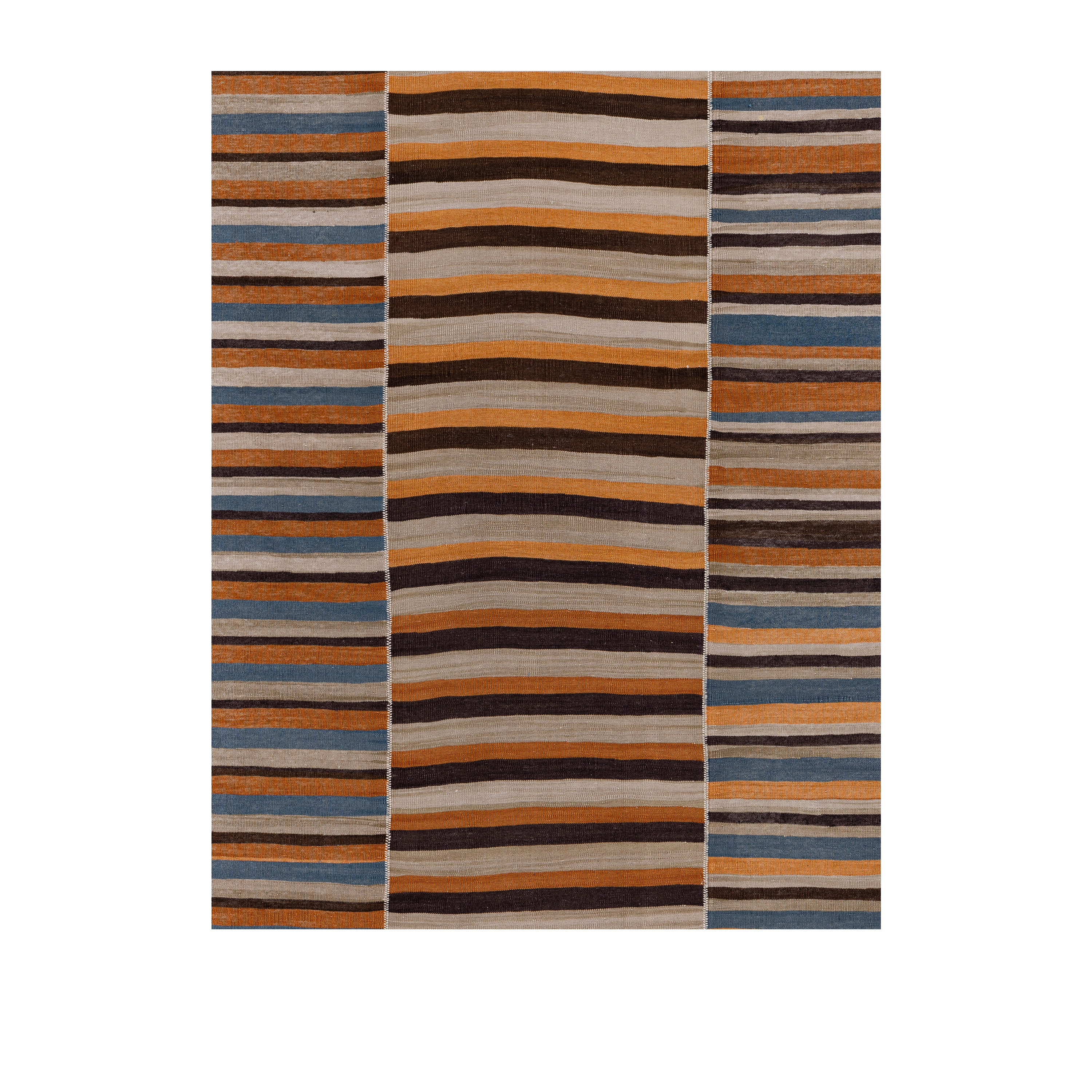 Mazandaran Flatweave Multicolored handmade wool, custom striped flatweave blue brown, Nasiri artisanal Mazandaran flatweave