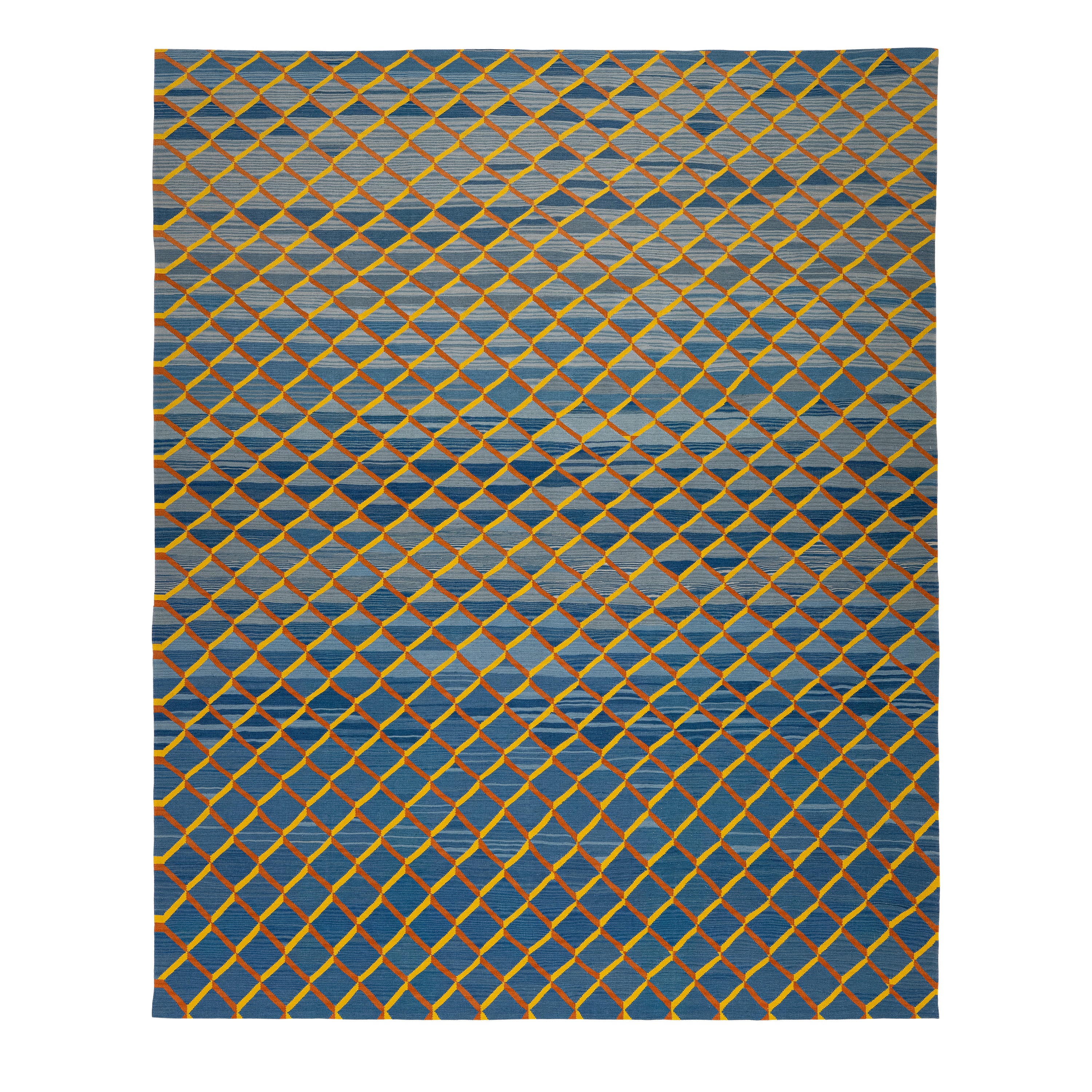 Shiraz Flatweave Blue Lattice, handmade wool geometric flatweave, custom Shiraz blue and gold lattice design, Nasiri artisanal Shiraz flatweave