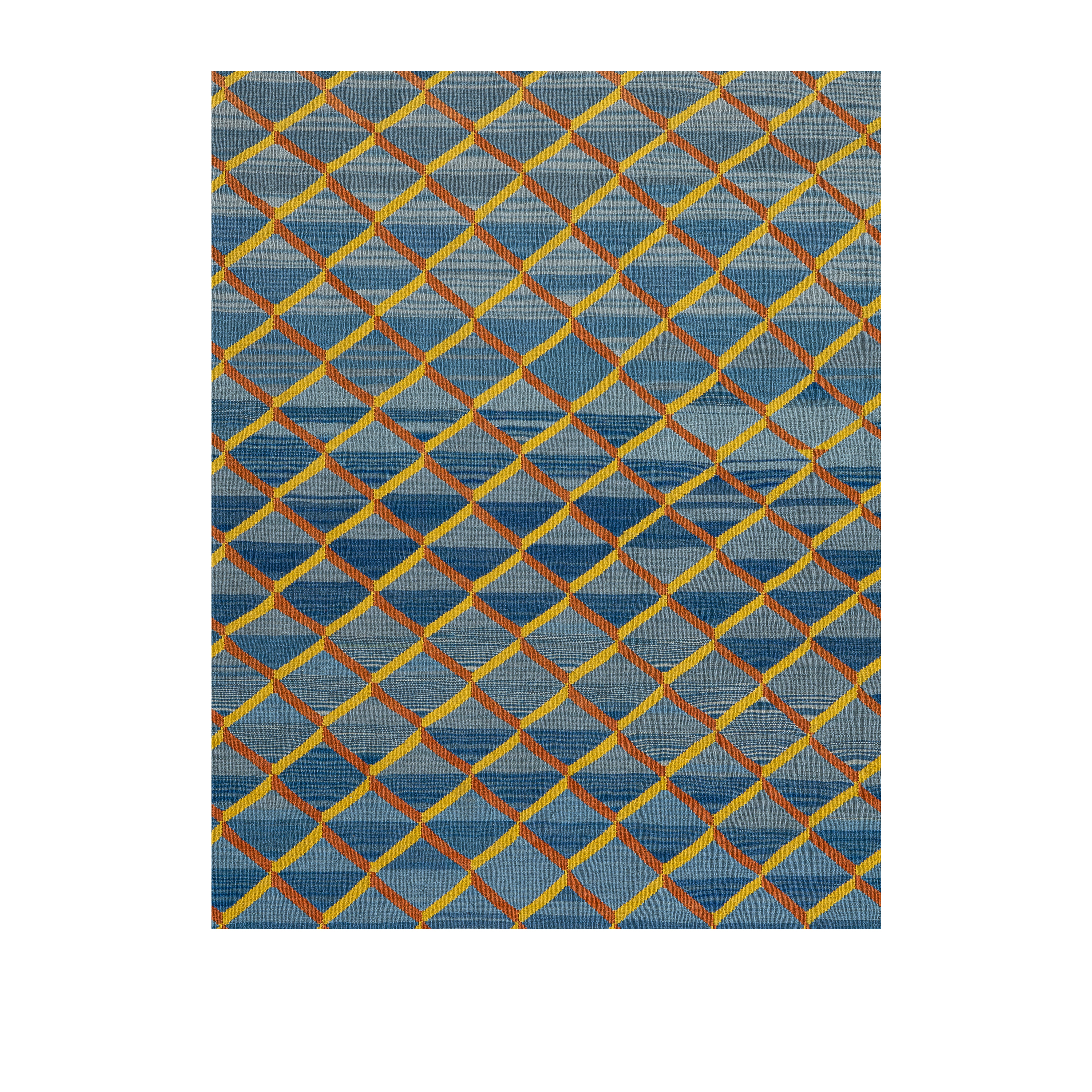 Shiraz Flatweave Blue Lattice, handmade wool geometric flatweave, custom Shiraz blue and gold lattice design, Nasiri artisanal Shiraz flatweave