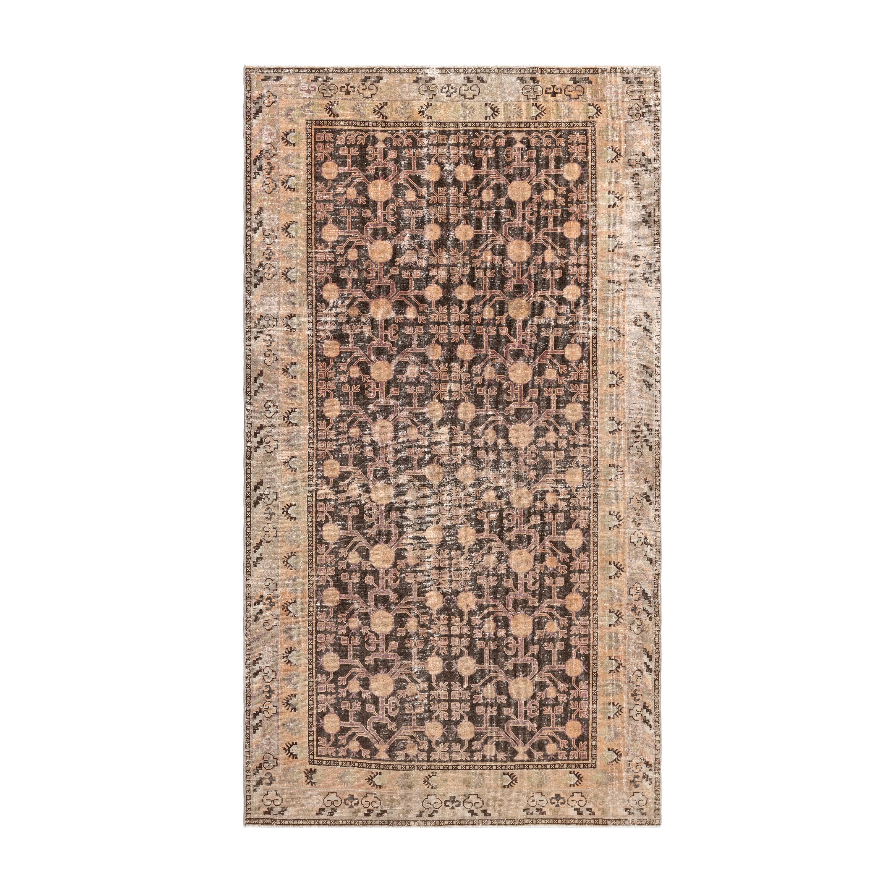 Vintage Kotan rug with dark field and peach motifs, antique-inspired handwoven wool carpet, custom Kotan design by Nasiri, luxury vintage rug for high-end interiors