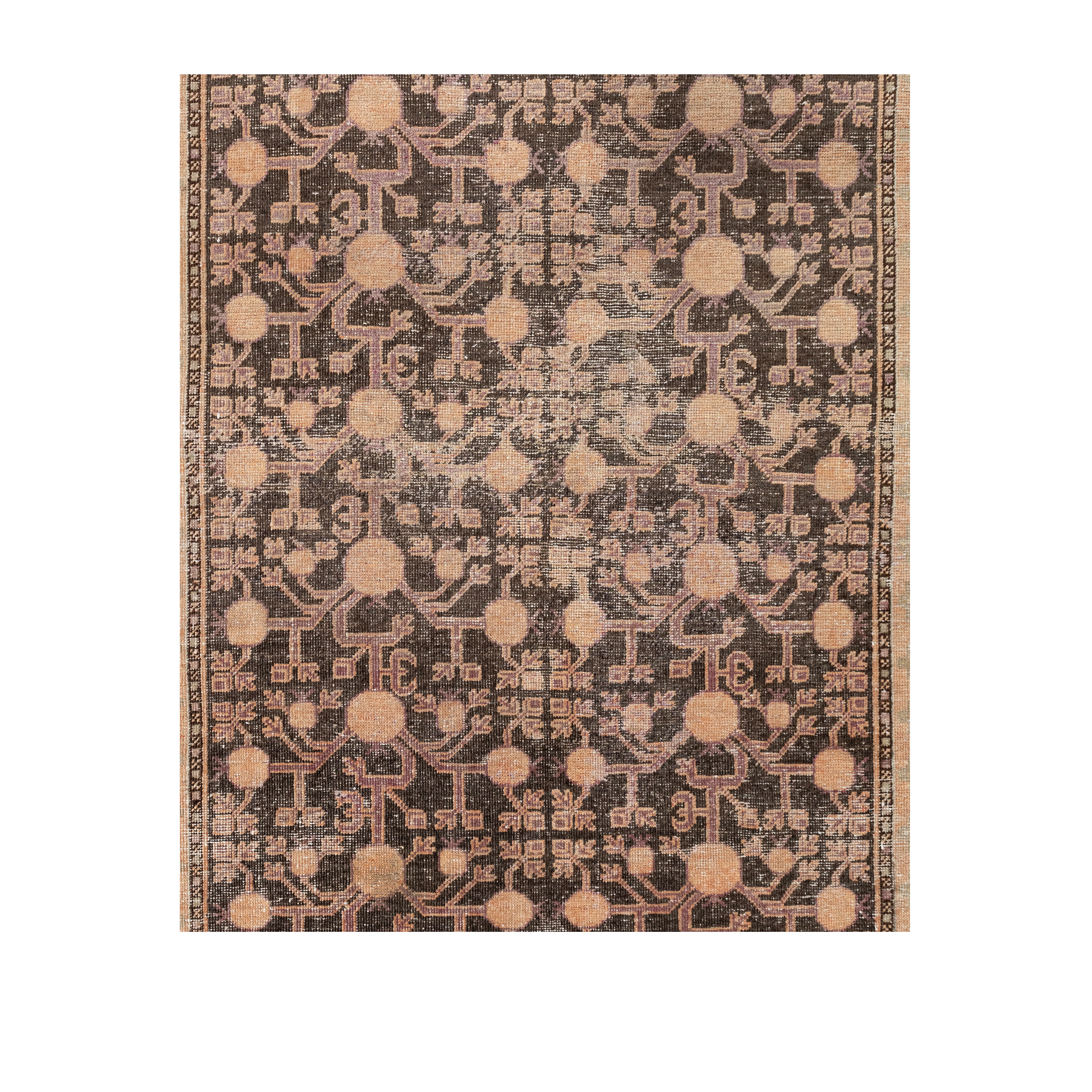 Vintage Kotan rug with dark field and peach motifs, antique-inspired handwoven wool carpet, custom Kotan design by Nasiri, luxury vintage rug for high-end interiors