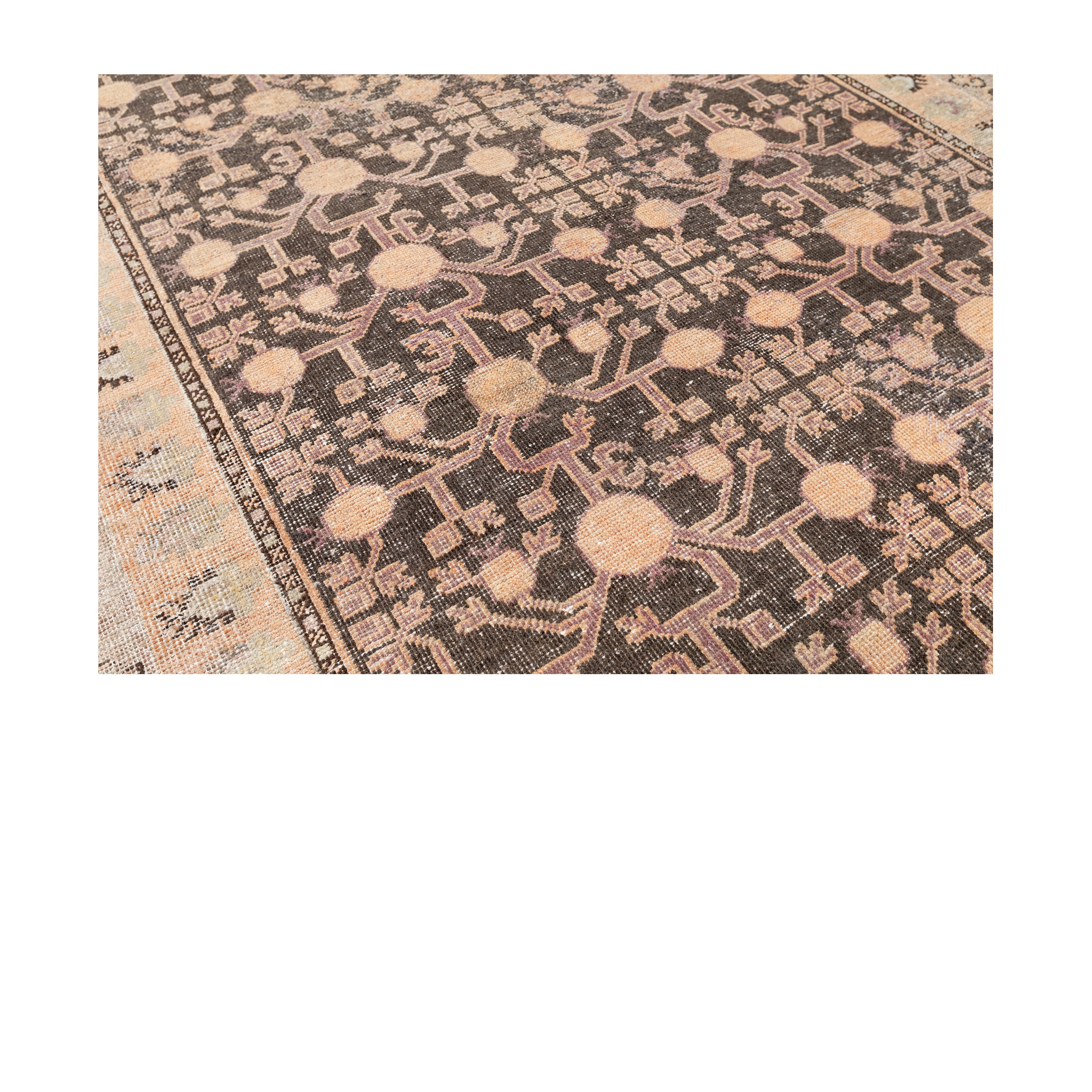 Vintage Kotan rug with dark field and peach motifs, antique-inspired handwoven wool carpet, custom Kotan design by Nasiri, luxury vintage rug for high-end interiors