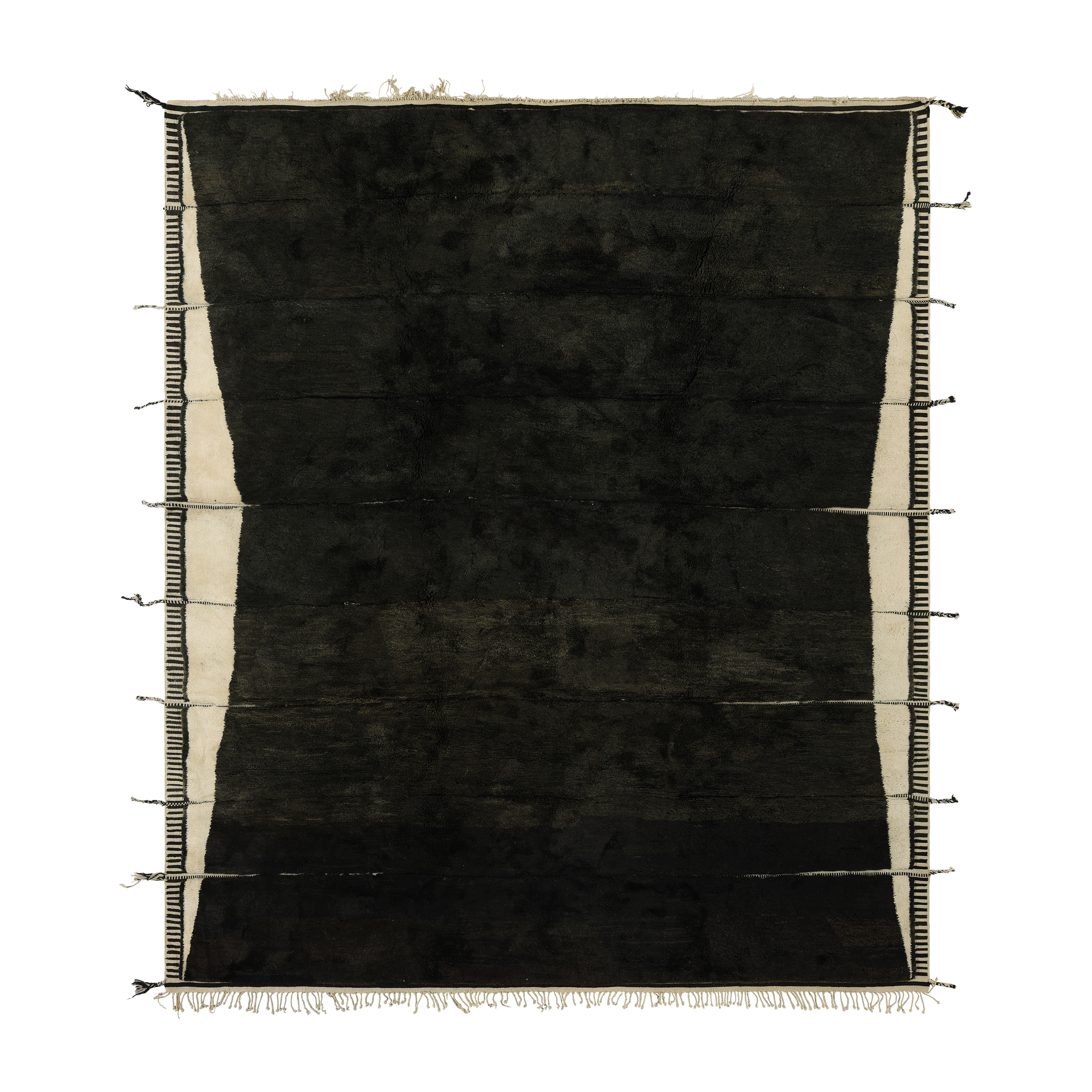 Green Moroccan rug with bold ivory edges, handmade Moroccan wool rug with striped border, luxury Moroccan green rug by Nasiri