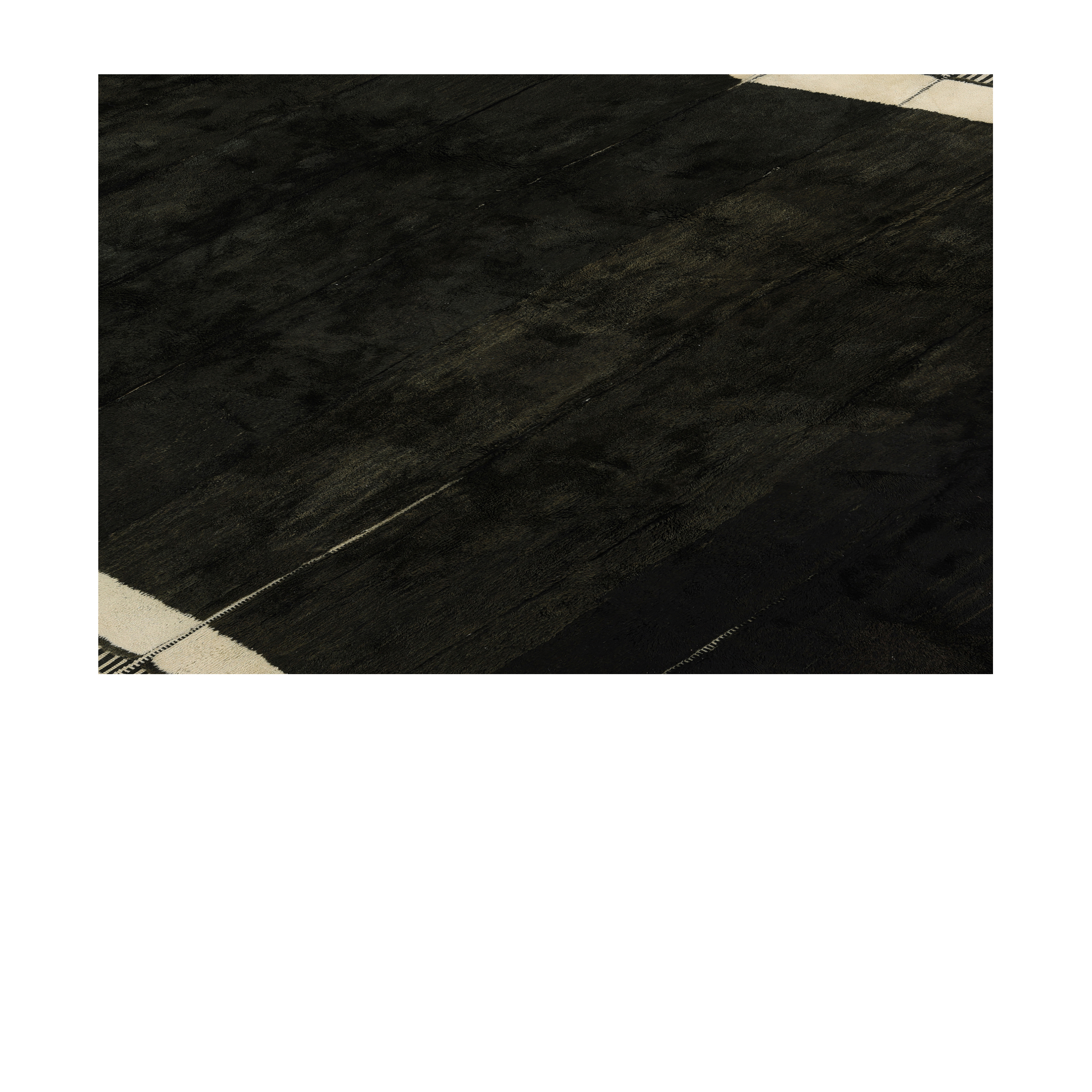 Green Moroccan rug with bold ivory edges, handmade Moroccan wool rug with striped border, luxury Moroccan green rug by Nasiri