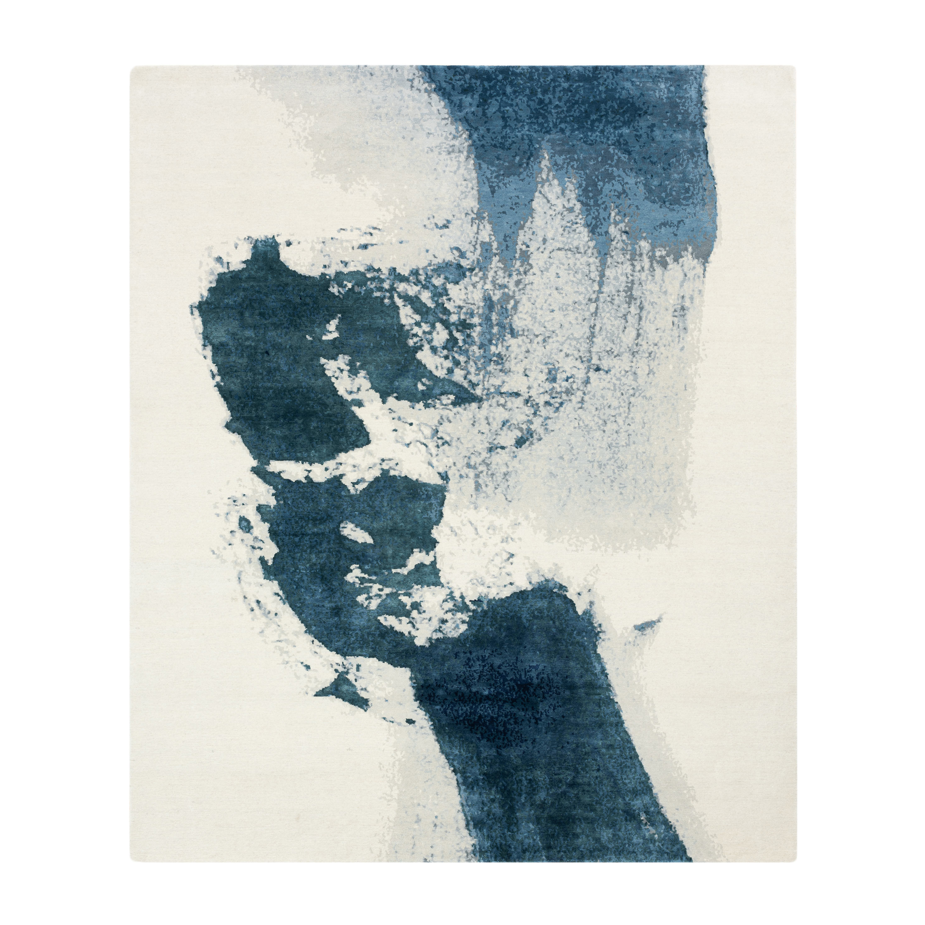 Custom Ink rug in indigo and neutral tones designed by Natascha Maksimovic