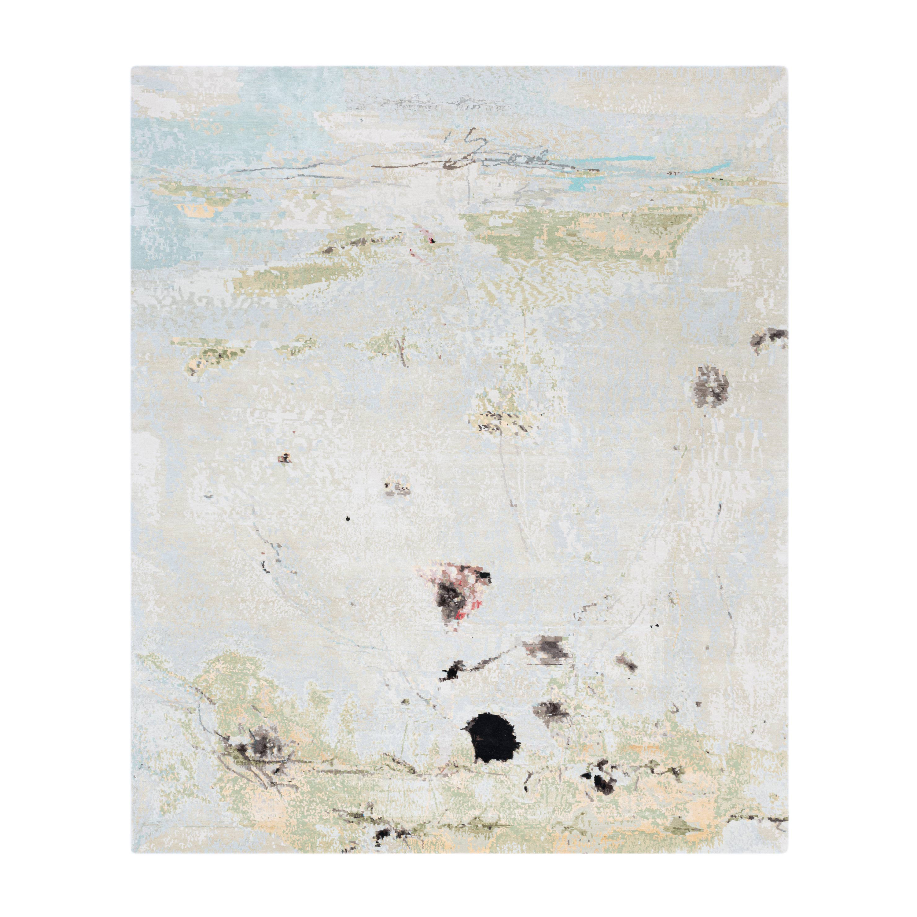 Custom The Local Universe rug designed by Stefan Heyer featuring soft ivory and pale blue tones
