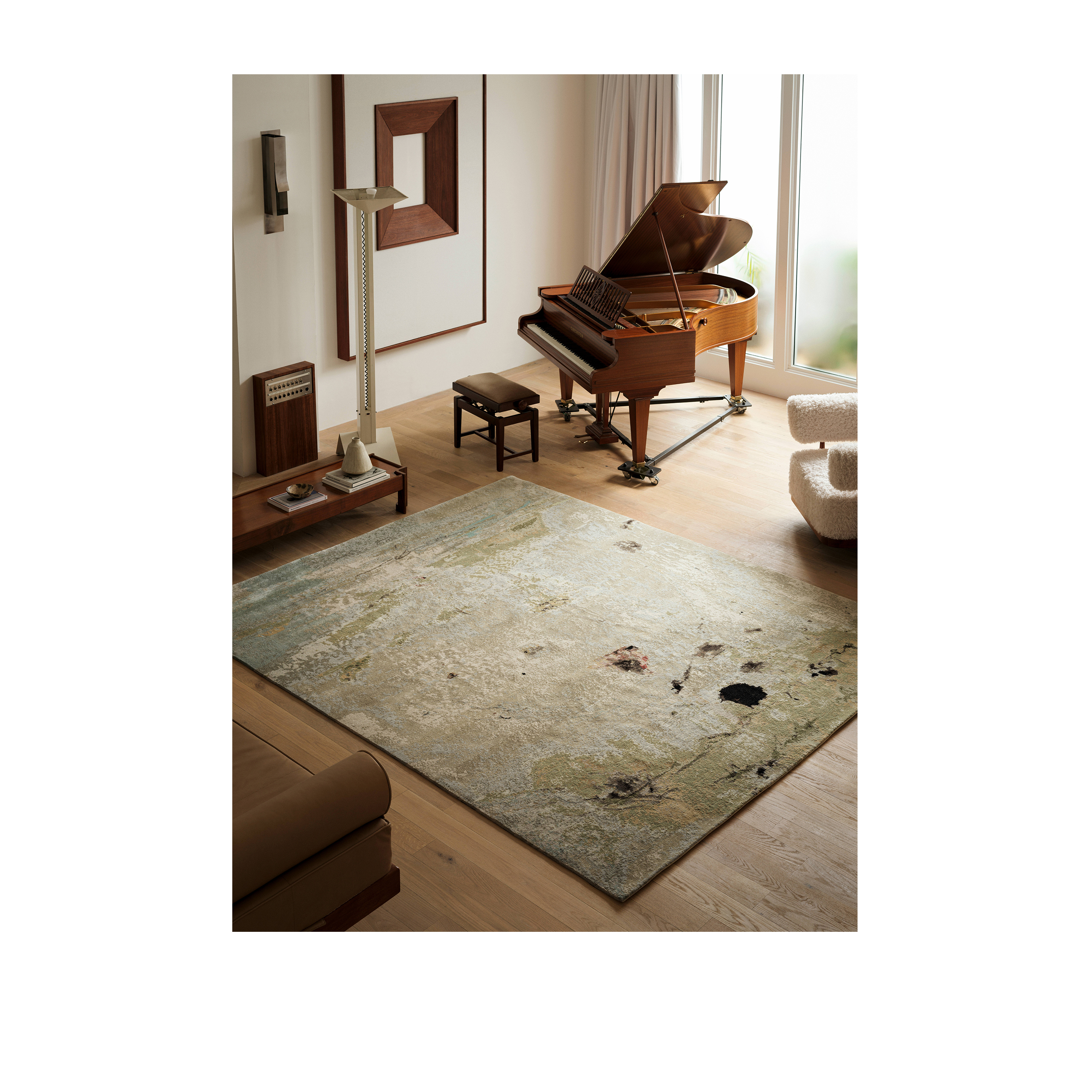 Custom The Local Universe rug designed by Stefan Heyer featuring soft ivory and pale blue tones