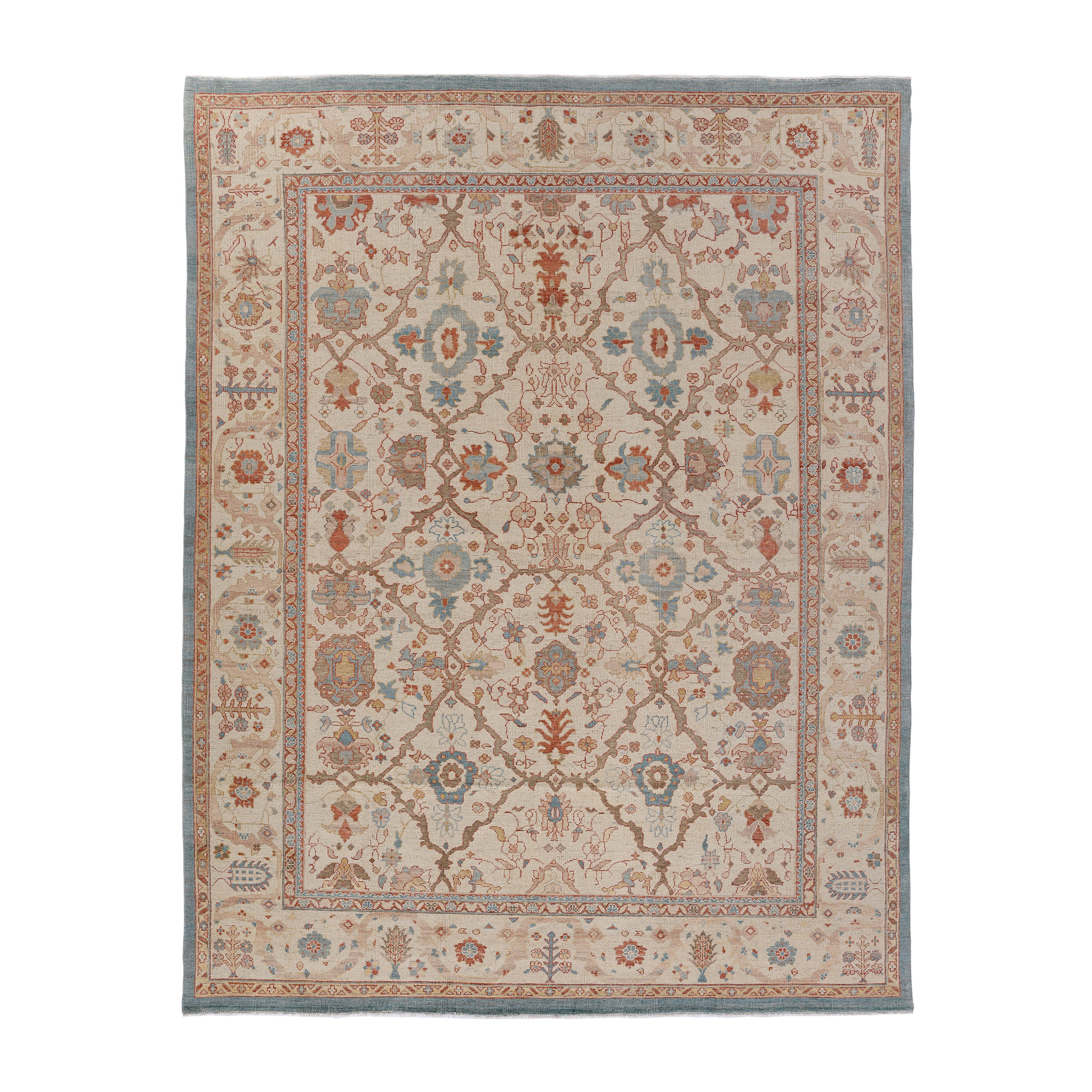 Ziegler allover traditional rug in sand and blue tones, handmade traditional Persian-inspired rug, luxury wool Ziegler rug by Nasiri