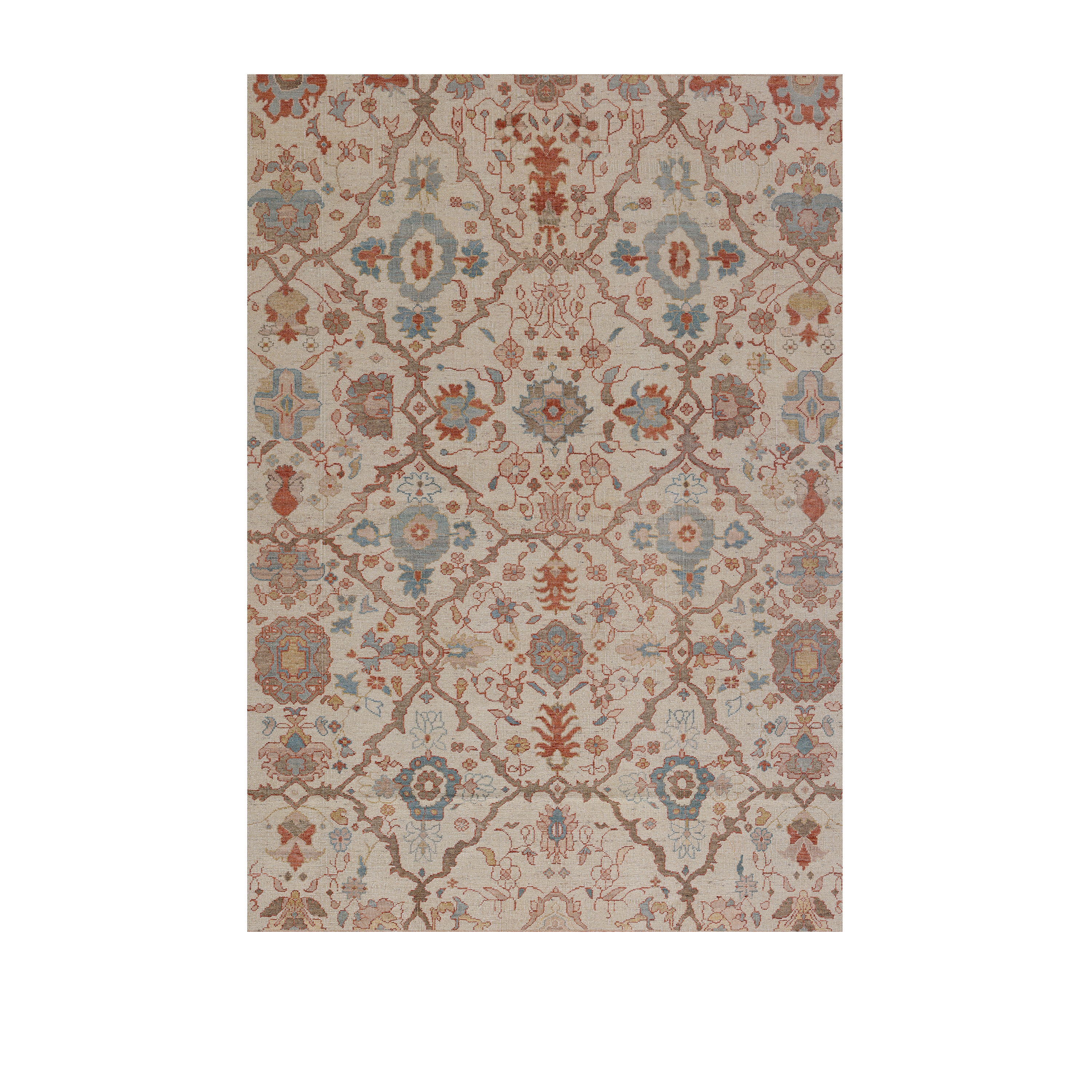 Ziegler allover traditional rug in sand and blue tones, handmade traditional Persian-inspired rug, luxury wool Ziegler rug by Nasiri