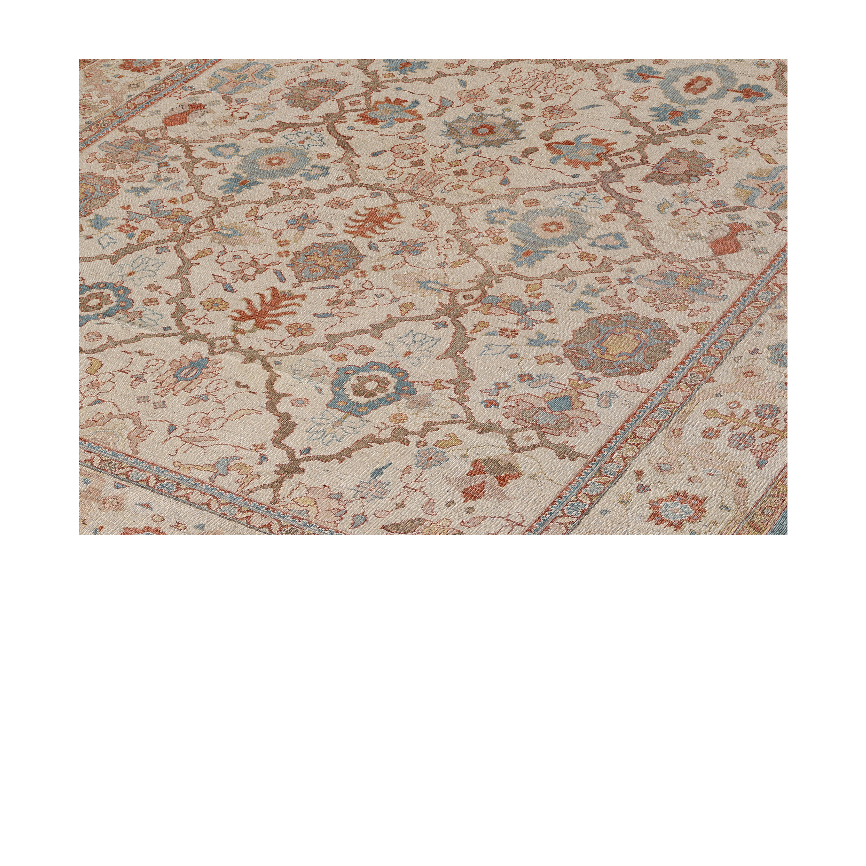 Ziegler allover traditional rug in sand and blue tones, handmade traditional Persian-inspired rug, luxury wool Ziegler rug by Nasiri