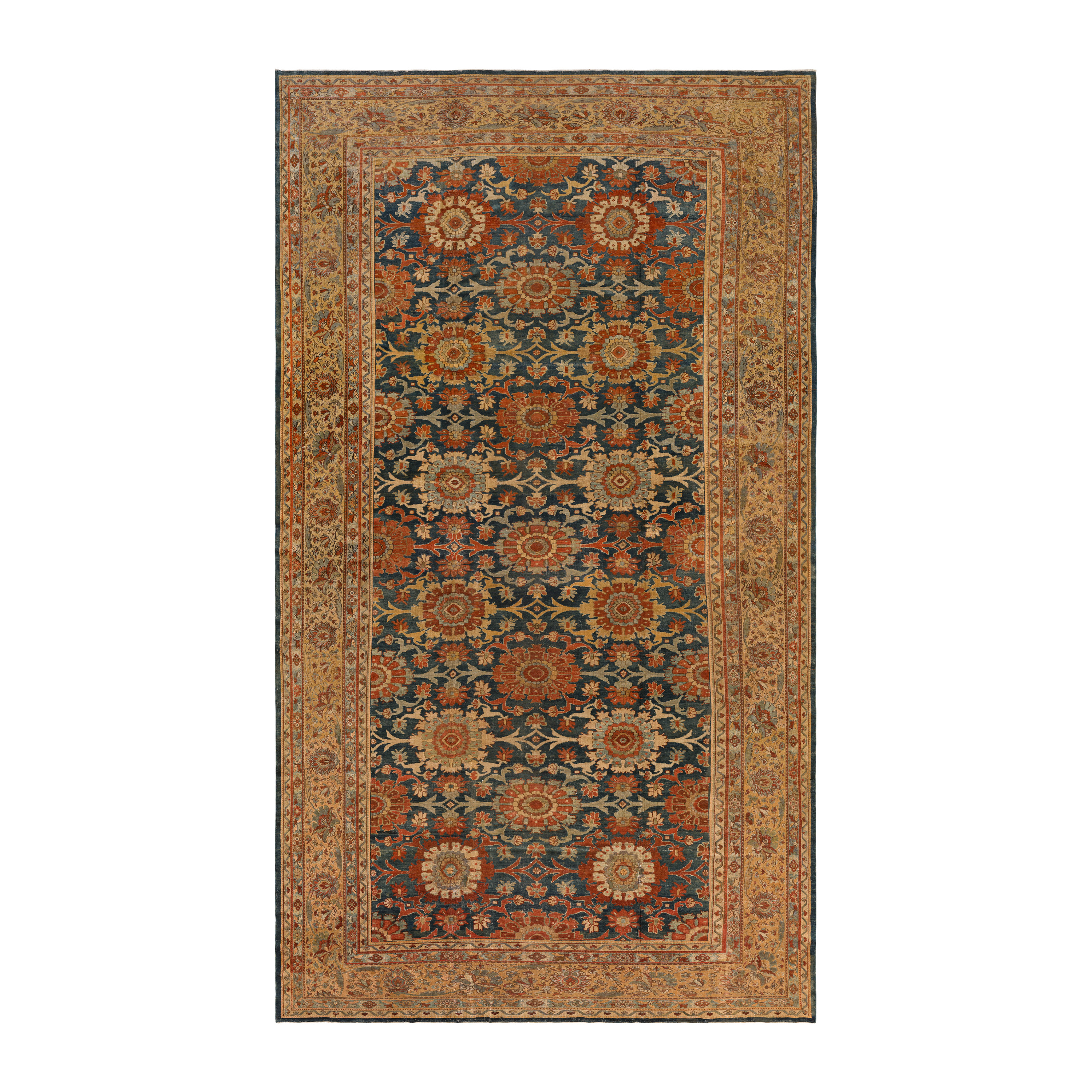 Northwest antique Persian rug with navy field and terracotta floral motifs, luxury antique handmade rug by nasiricarpets