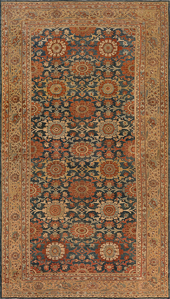 Northwest antique Persian rug with navy field and terracotta floral motifs, luxury antique handmade rug by nasiricarpets