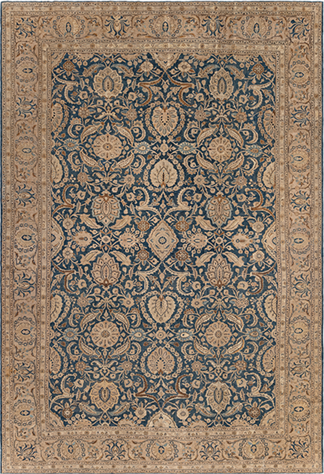 Malayer traditional Persian rug in navy and sand tones, custom hand-knotted wool rug by nasiricarpets