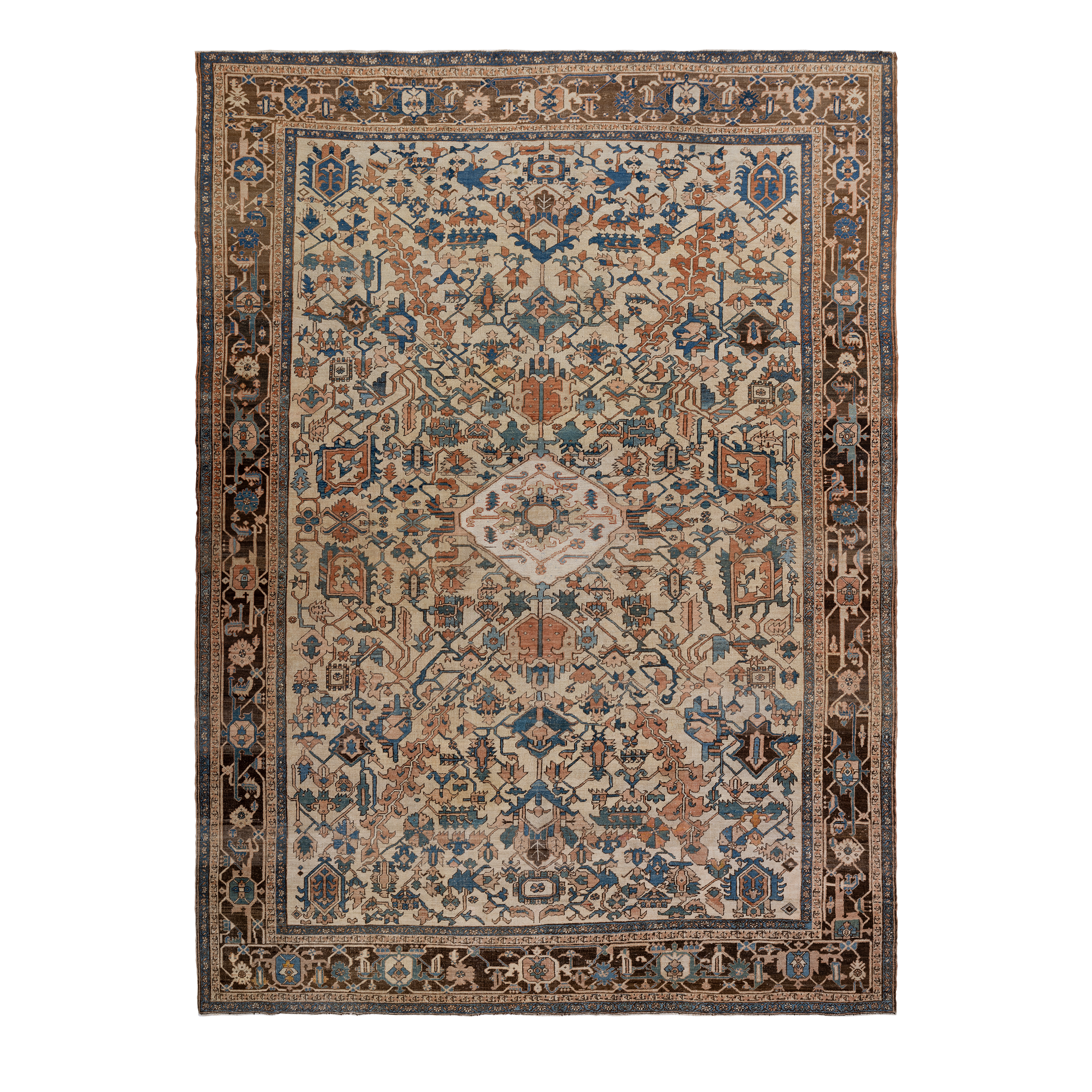 Heriz antique Persian rug in beige, terracotta, and blue tones, hand-knotted wool carpet by nasiricarpets
