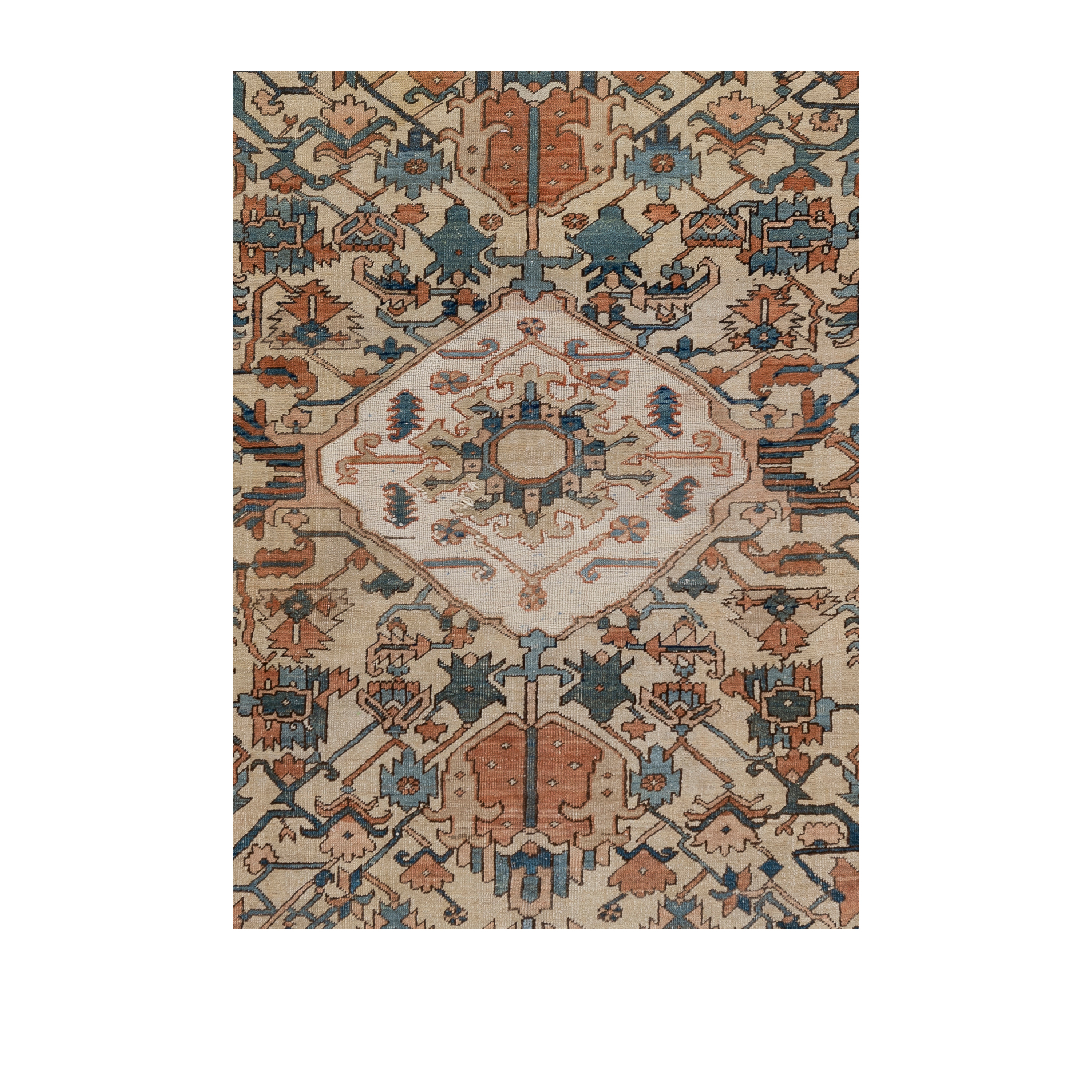 Heriz antique Persian rug in beige, terracotta, and blue tones, hand-knotted wool carpet by nasiricarpets