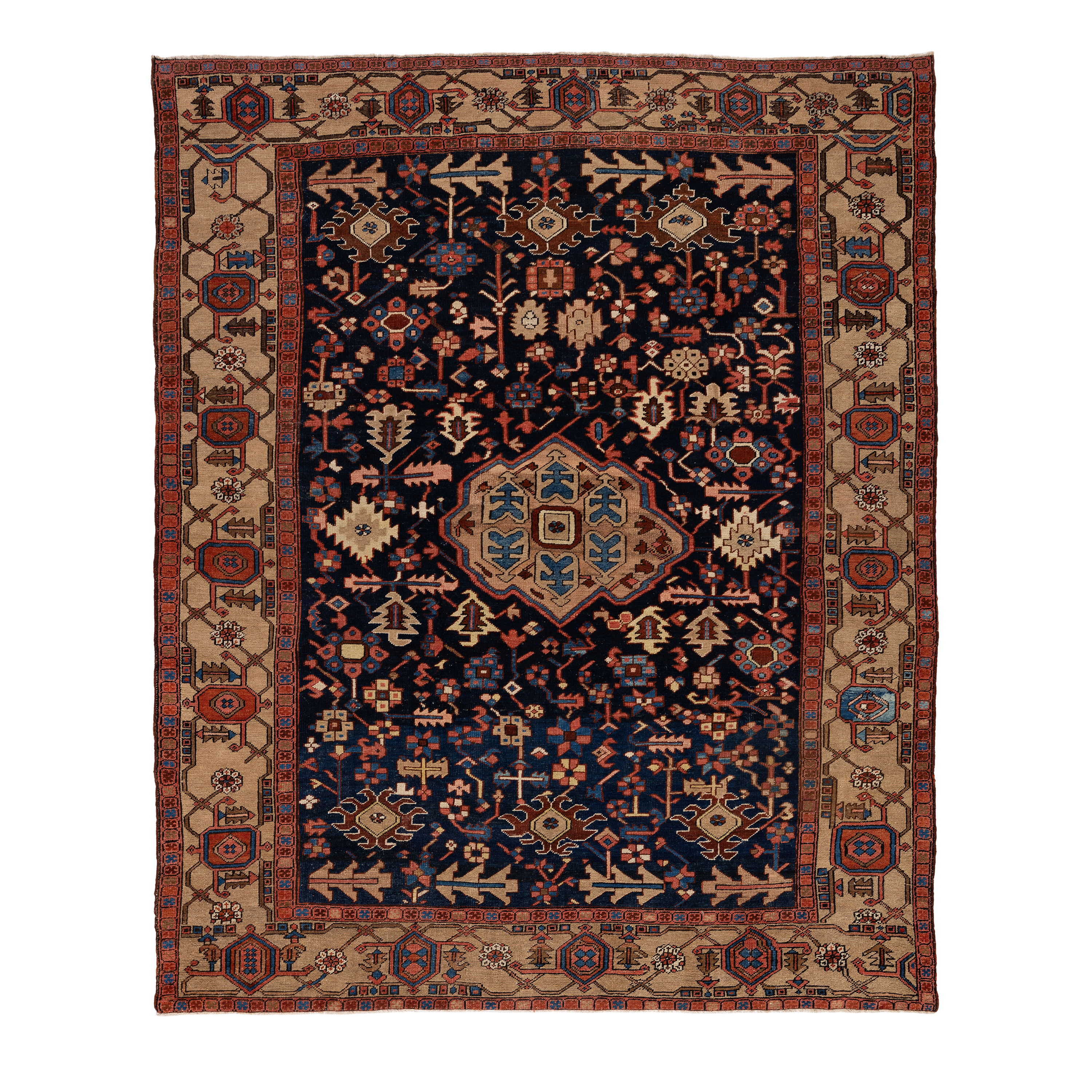 Heriz antique Persian rug in navy, terracotta, and beige tones, hand-knotted wool carpet by nasiricarpets