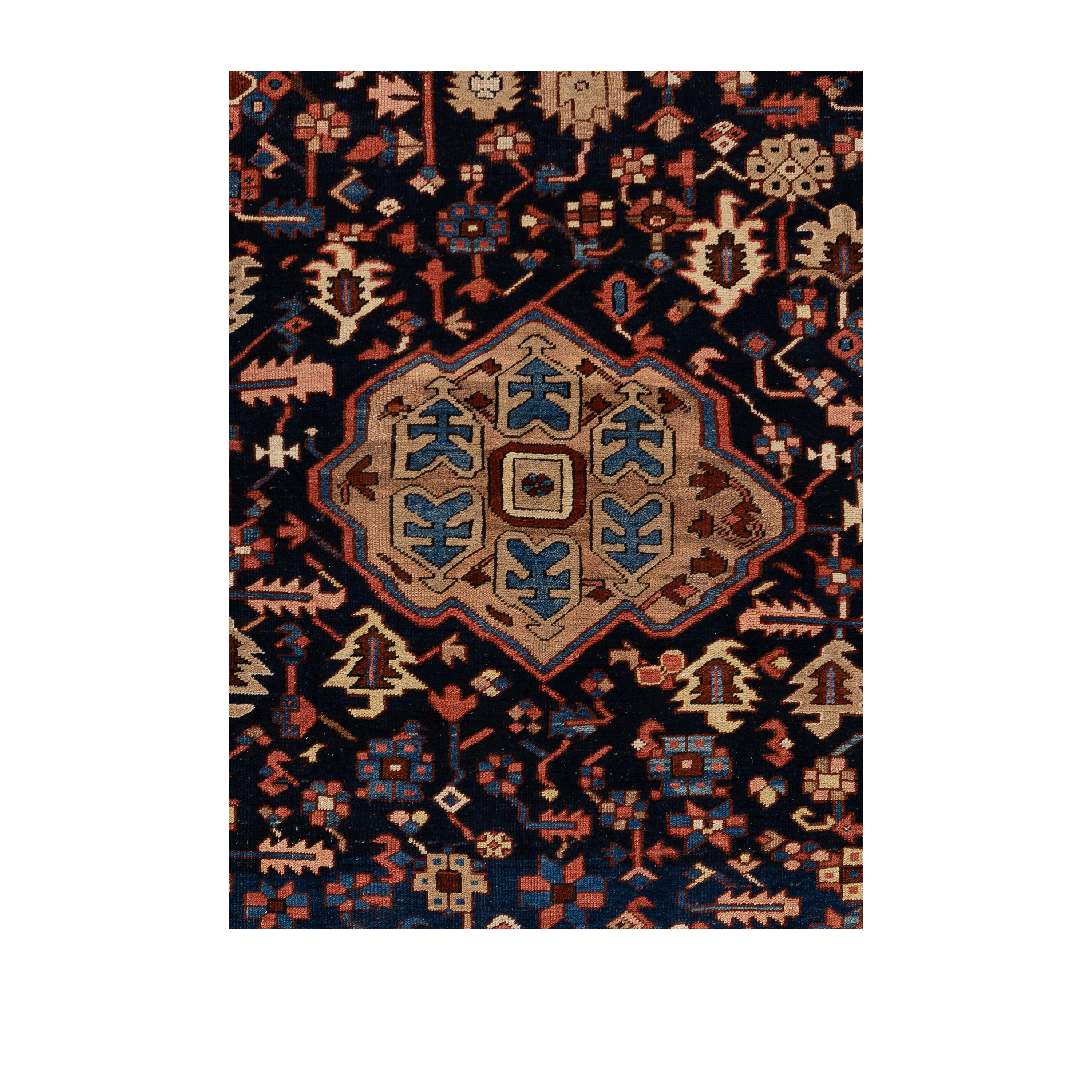 Heriz antique Persian rug in navy, terracotta, and beige tones, hand-knotted wool carpet by nasiricarpets