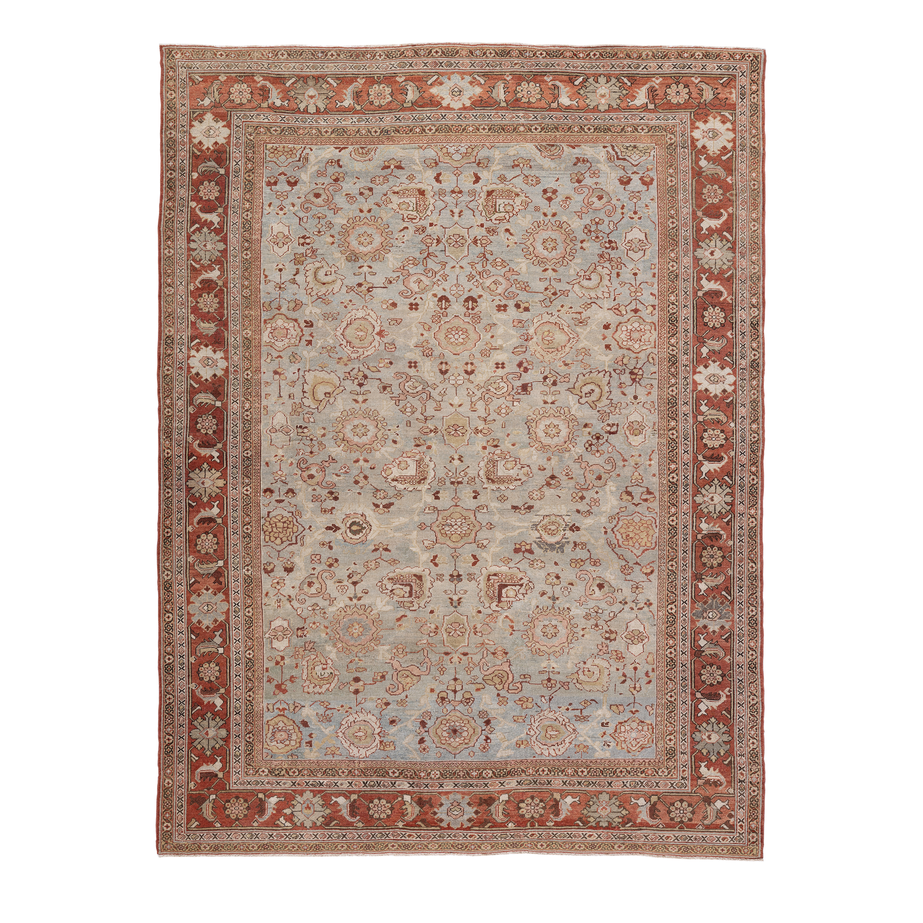 Sultanabad antique Persian rug in soft blue, terracotta, and ivory tones, hand-knotted wool carpet by nasiricarpets