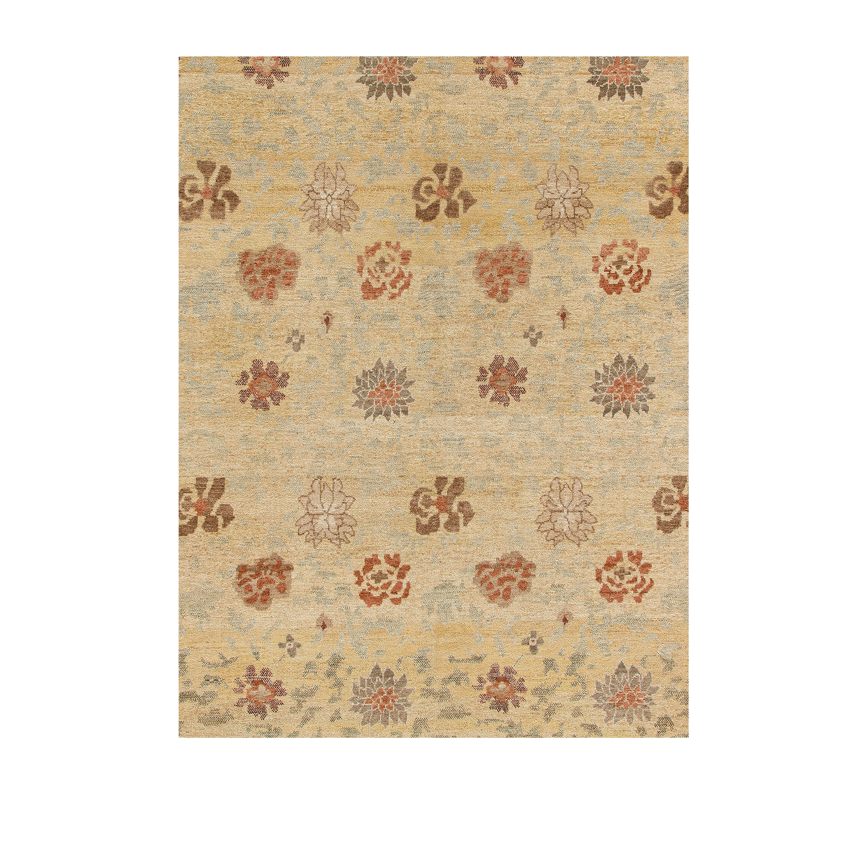 Hand-knotted Solenne Rug in natural wool with soft Persian floral pattern, neutral beige tones, and organic luxury texture.