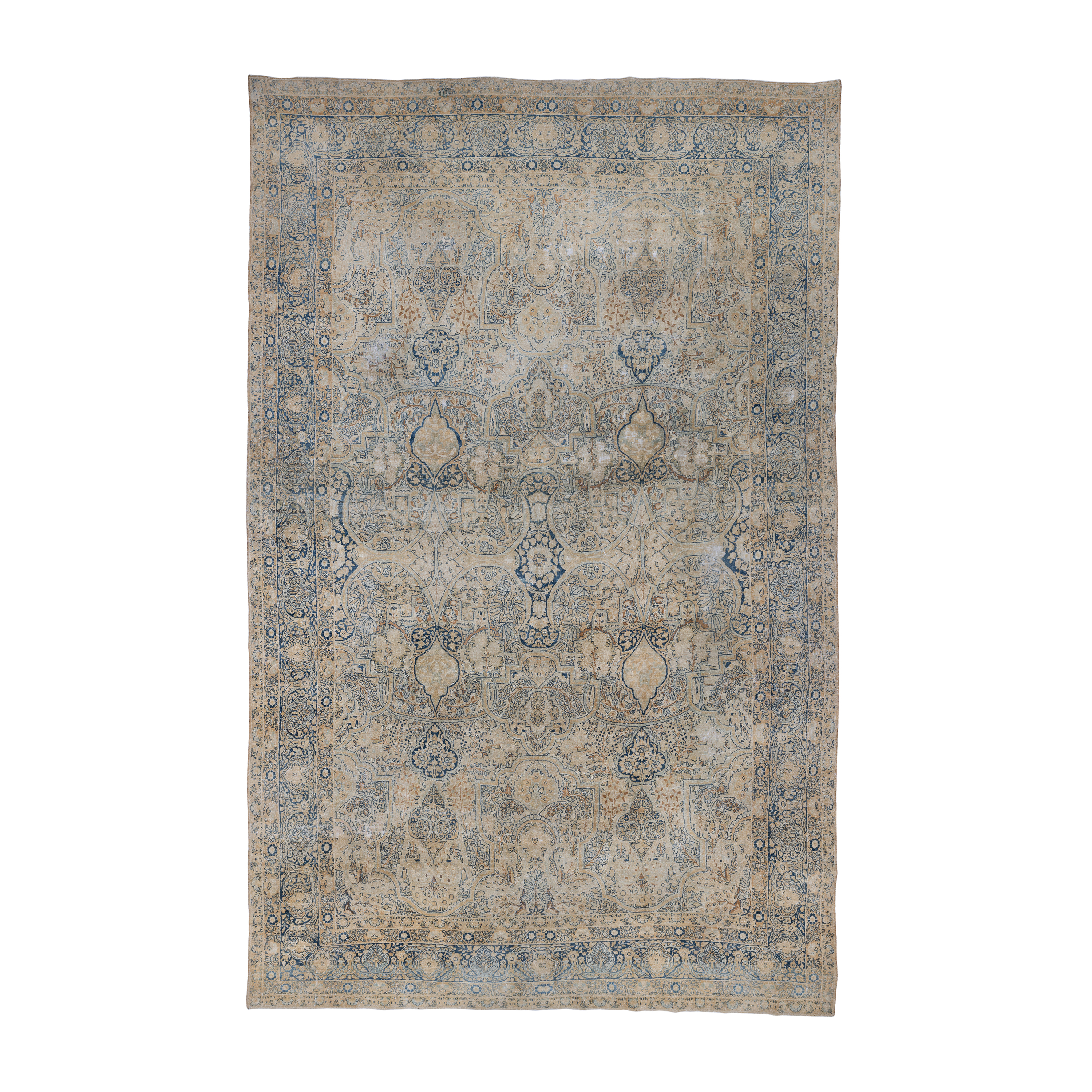 Kermanshah antique Persian rug in beige and faded blue tones, hand-knotted wool carpet by nasiricarpets