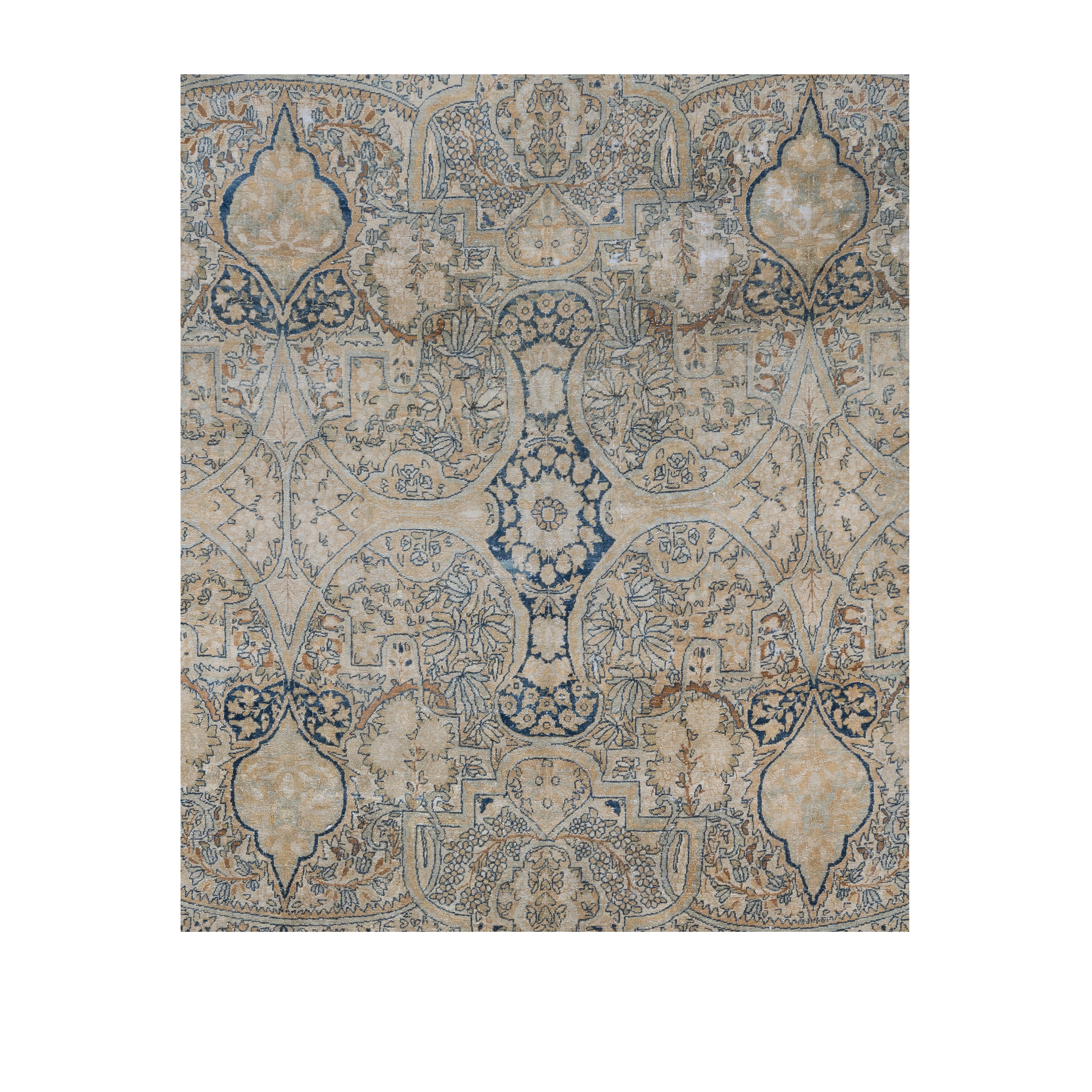 Kermanshah antique Persian rug in beige and faded blue tones, hand-knotted wool carpet by nasiricarpets