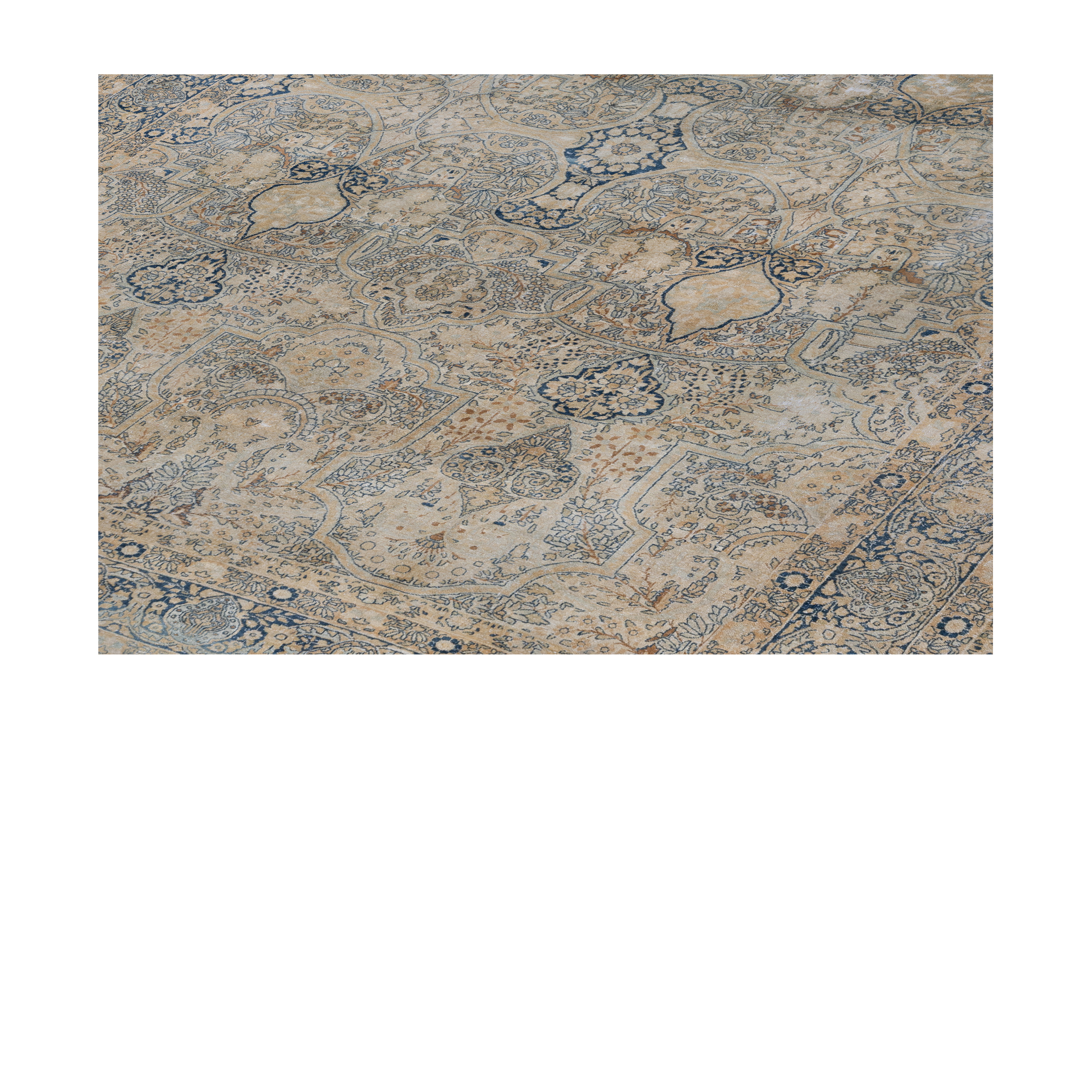 Kermanshah antique Persian rug in beige and faded blue tones, hand-knotted wool carpet by nasiricarpets