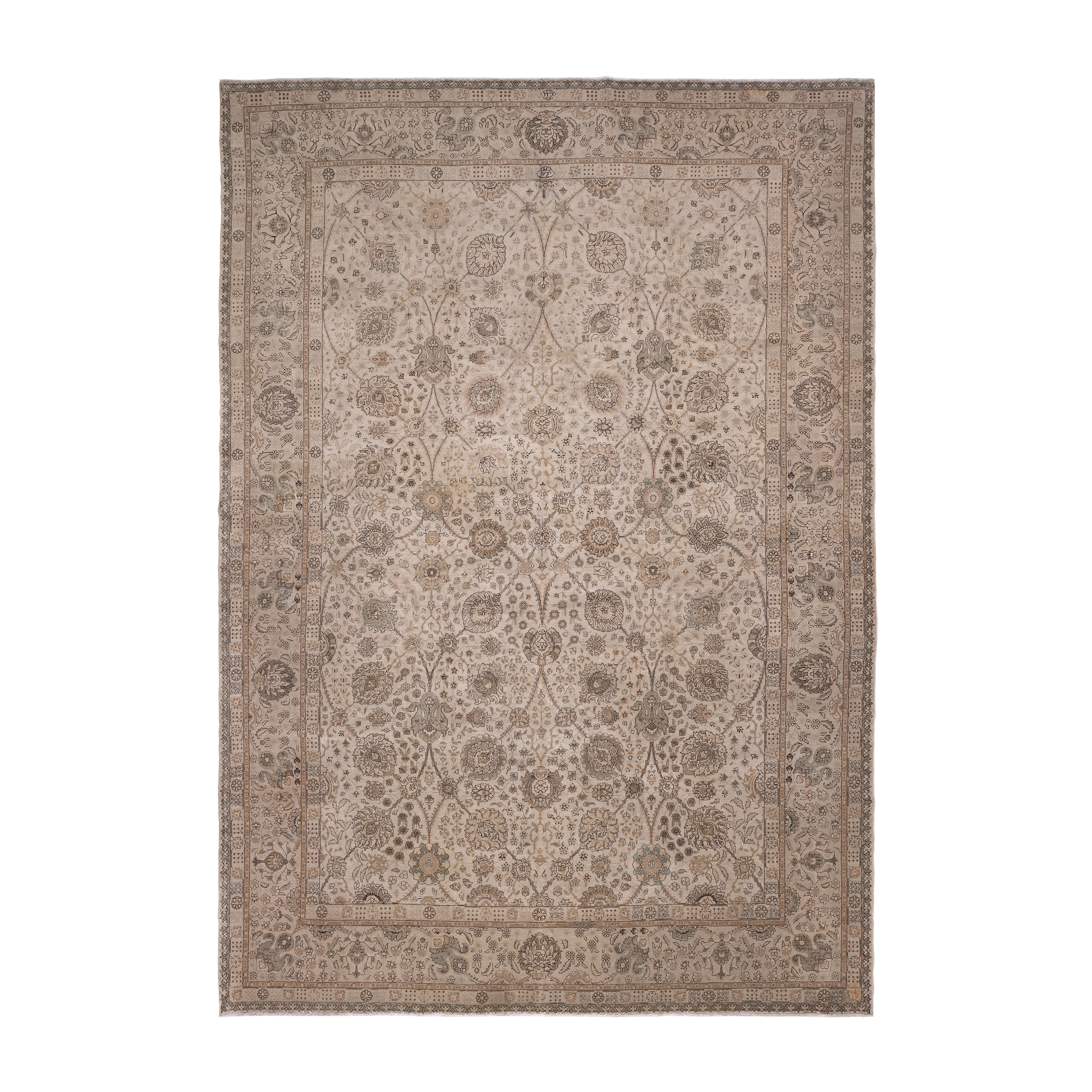 Tabriz antique Persian rug in beige and taupe tones, hand-knotted wool carpet by nasiricarpets