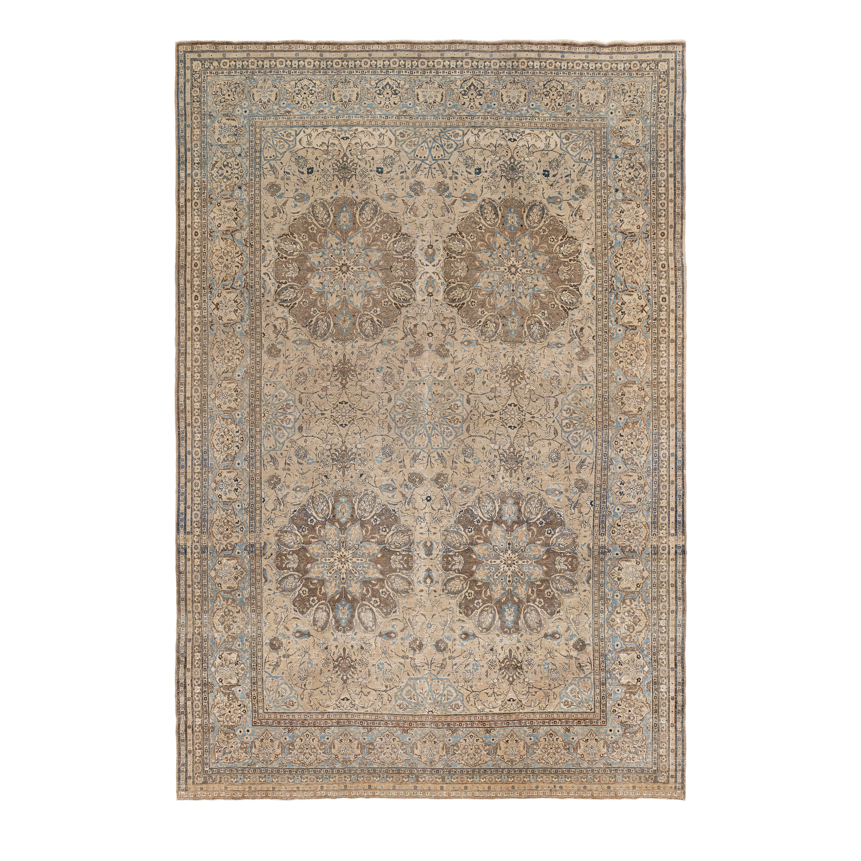 Tabriz antique Persian rug in beige with intricate medallion design, handwoven wool carpet by nasiricarpets