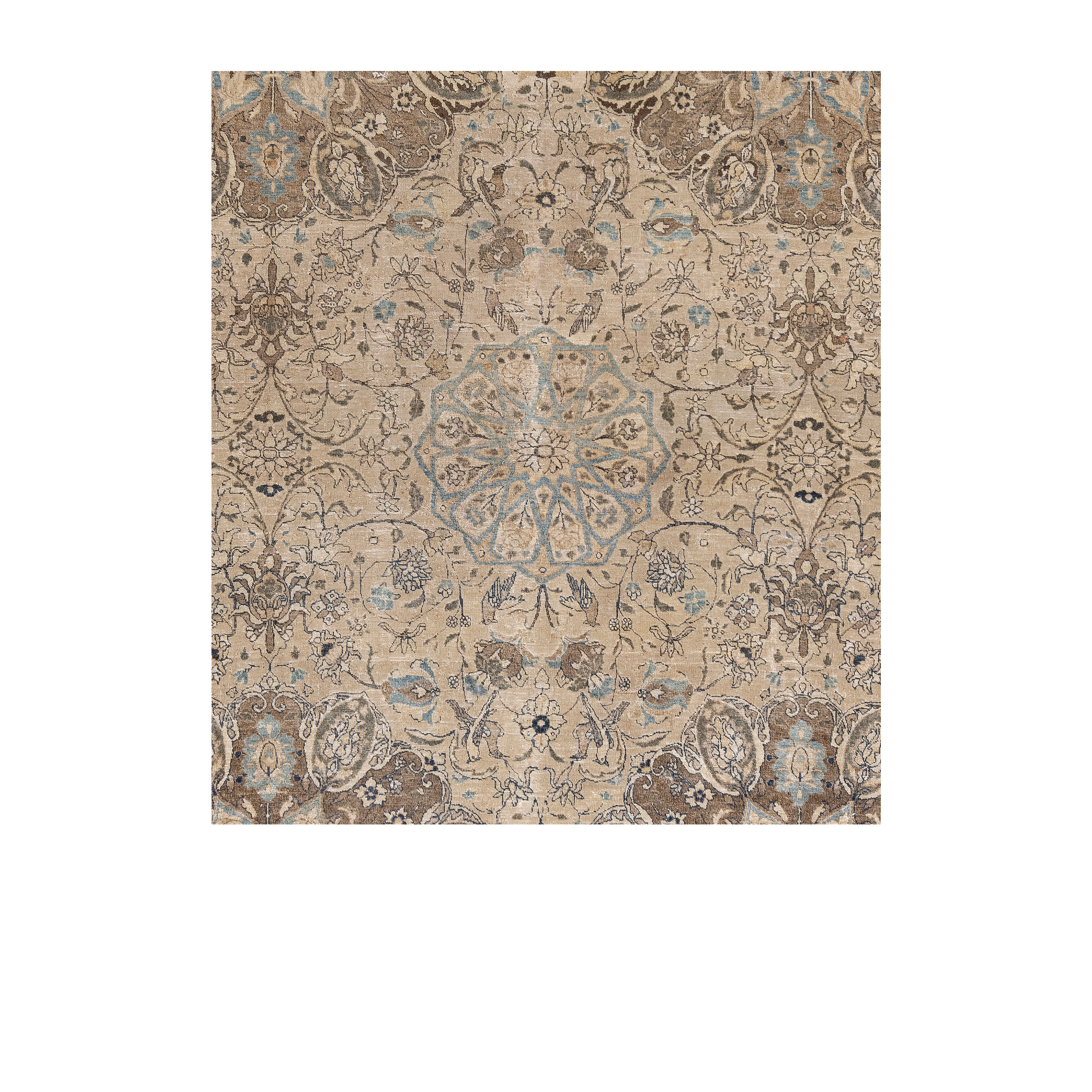 Tabriz antique Persian rug in beige with intricate medallion design, handwoven wool carpet by nasiricarpets