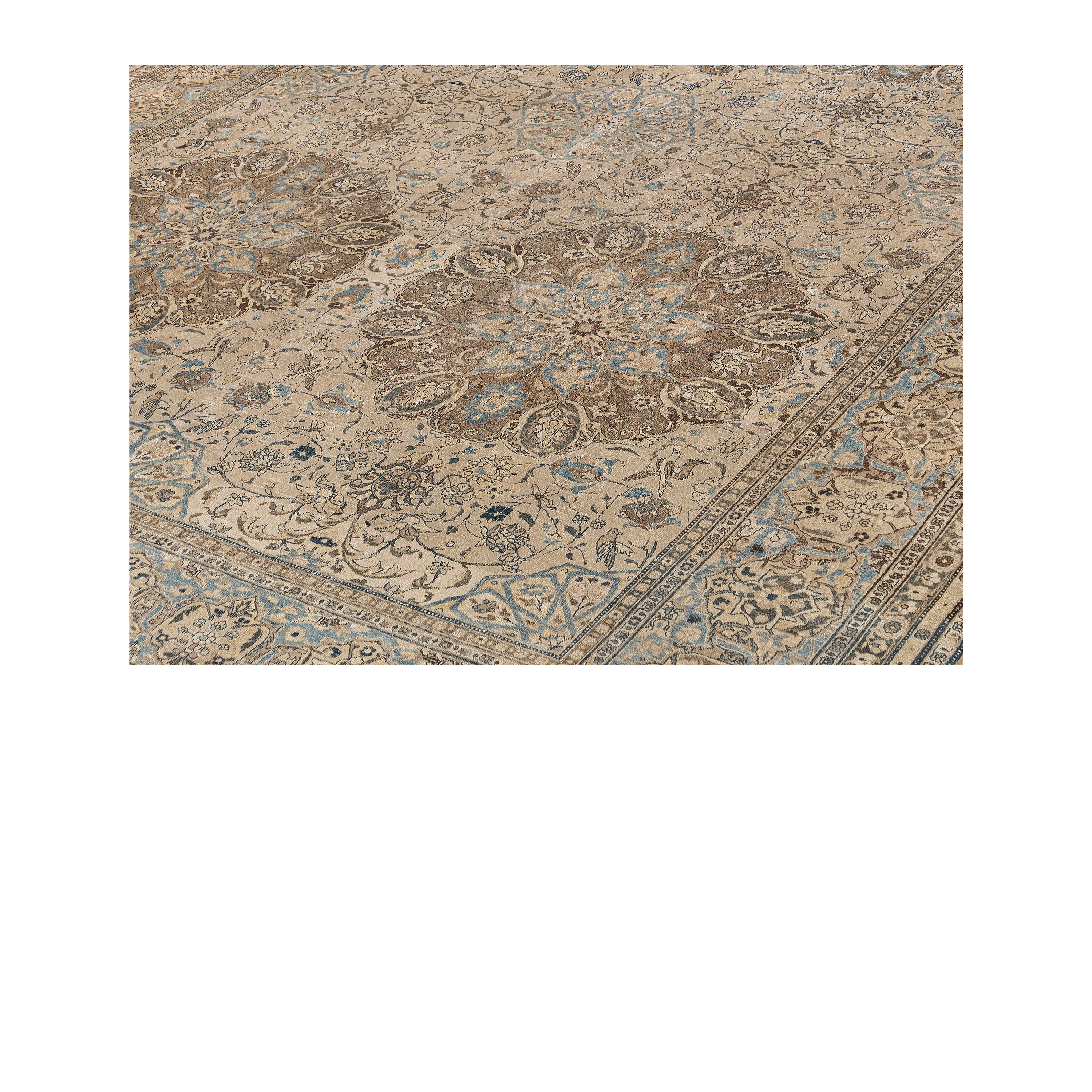 Tabriz antique Persian rug in beige with intricate medallion design, handwoven wool carpet by nasiricarpets