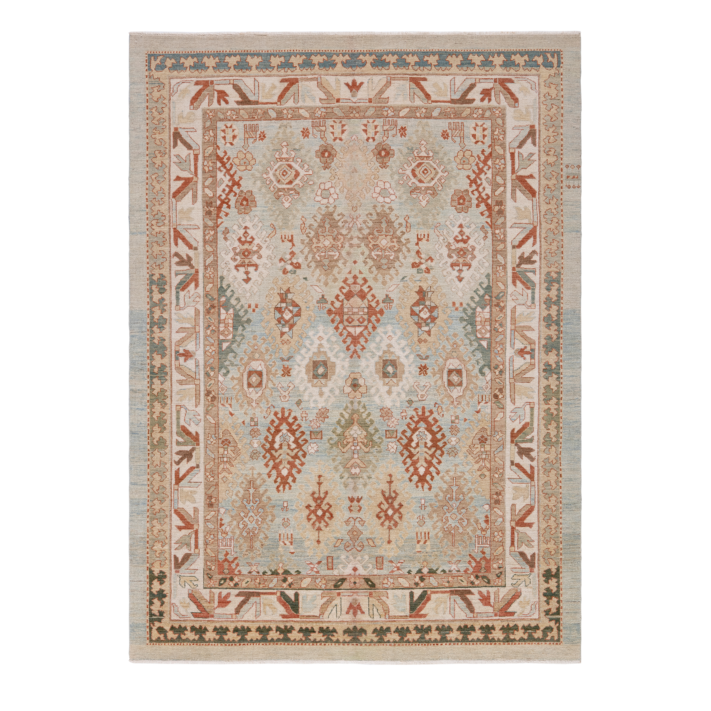 Persian Kurdish handwoven rug in light blue with tribal geometric motifs and rust accents by nasiricarpets
