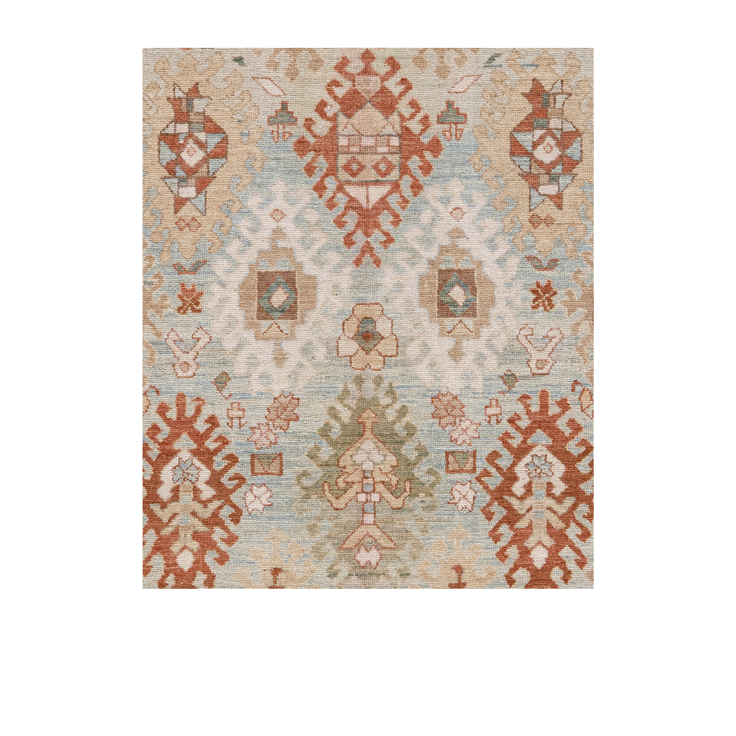 Persian Kurdish handwoven rug in light blue with tribal geometric motifs and rust accents by nasiricarpets