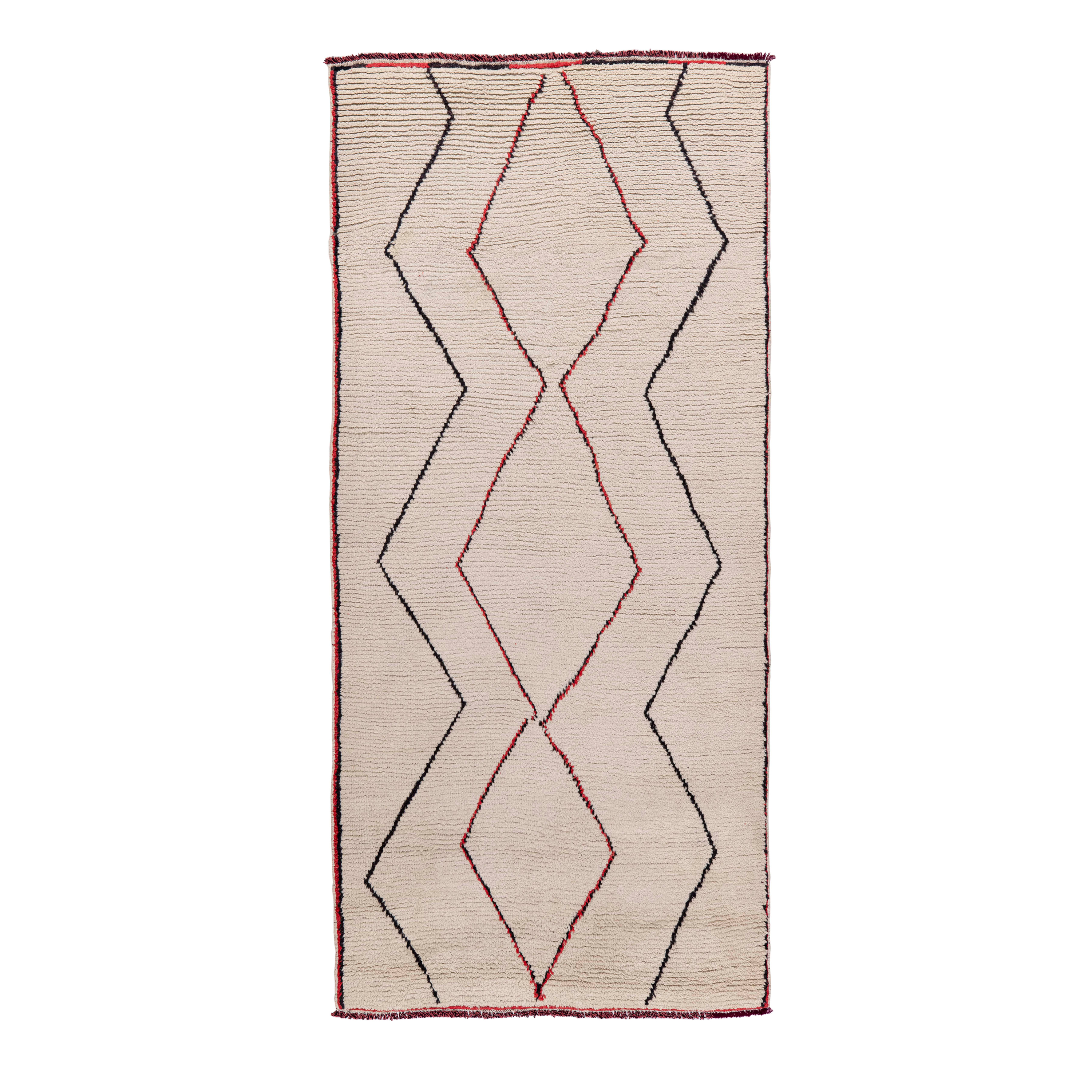 Beige Boujad Moroccan rug with geometric red and black lines, handwoven wool rug from Morocco by nasiricarpets