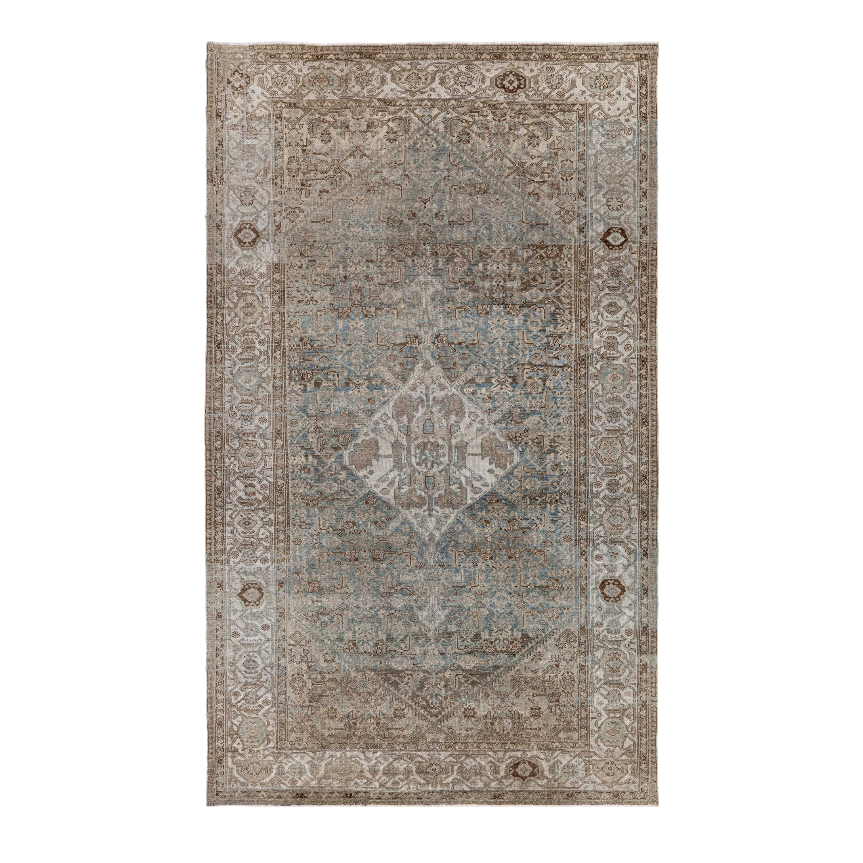 Grey Malayer antique Persian rug with central medallion and faded pattern, handwoven wool carpet from Iran by nasiricarpets