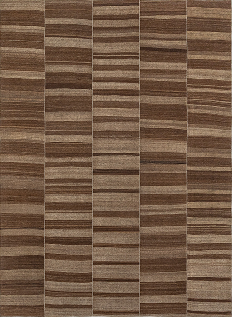 Mazandaran flatweave rug in brown color, handwoven in Iran with a linear flatweave design