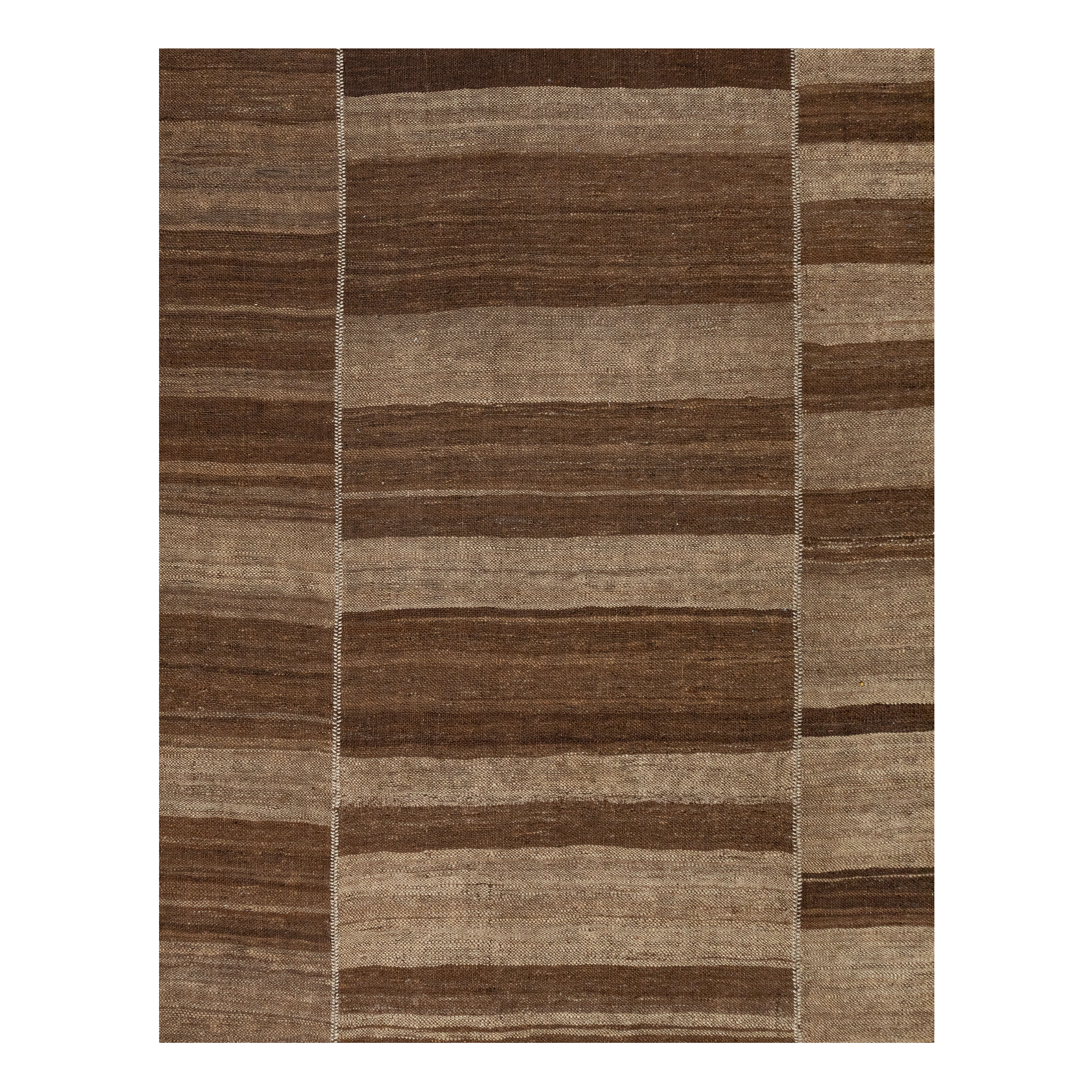 Mazandaran flatweave rug in brown color, handwoven in Iran with a linear flatweave design