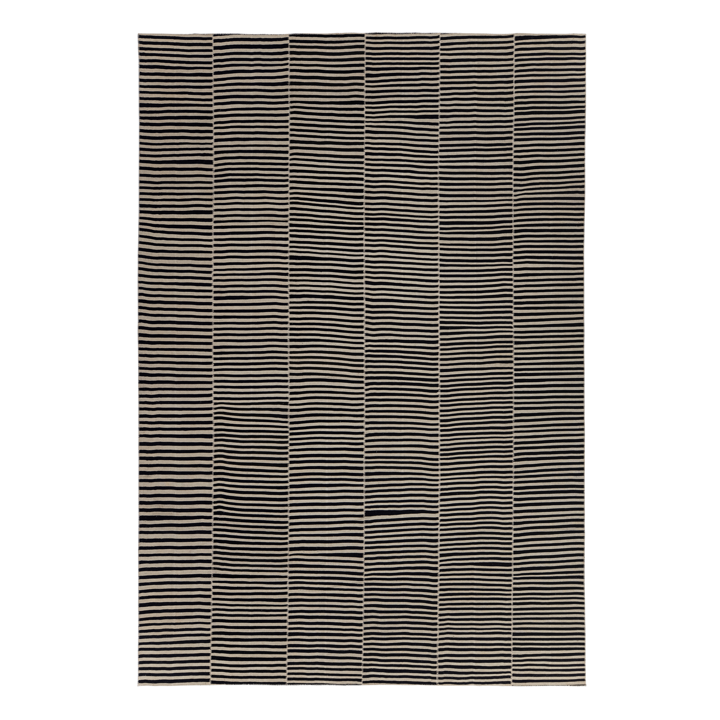 Mazandaran flatweave rug in black and white, handwoven in Iran with a minimalist flatweave design