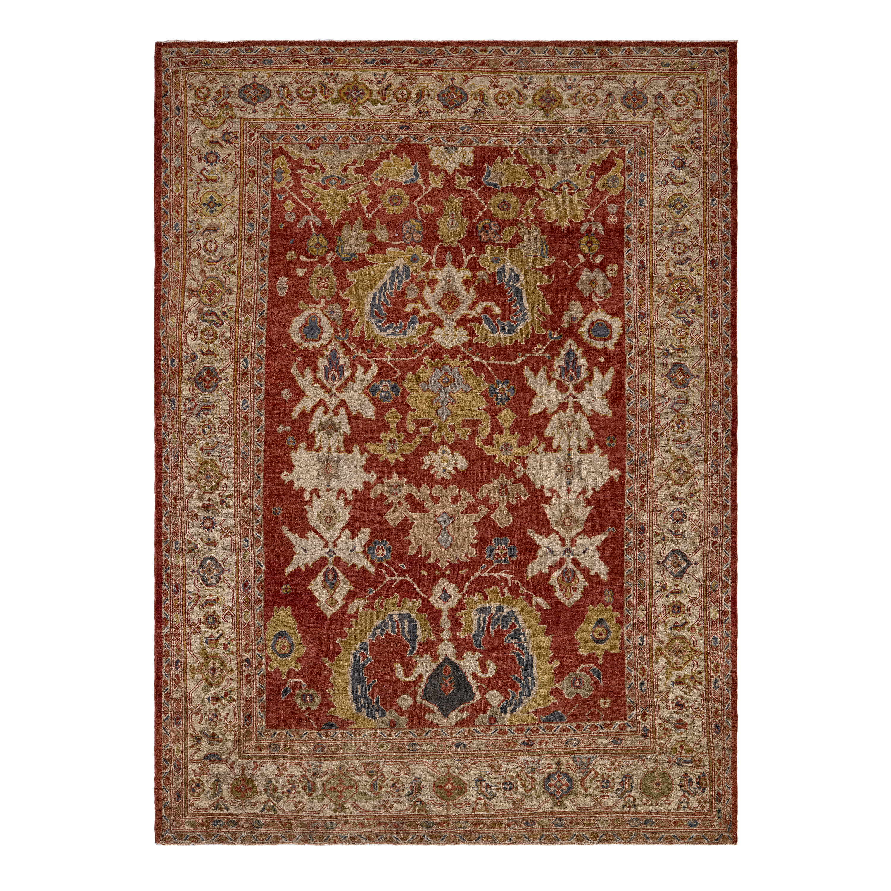 Sultanabad antique rug in red color, handwoven in Iran with a classic ornamental design