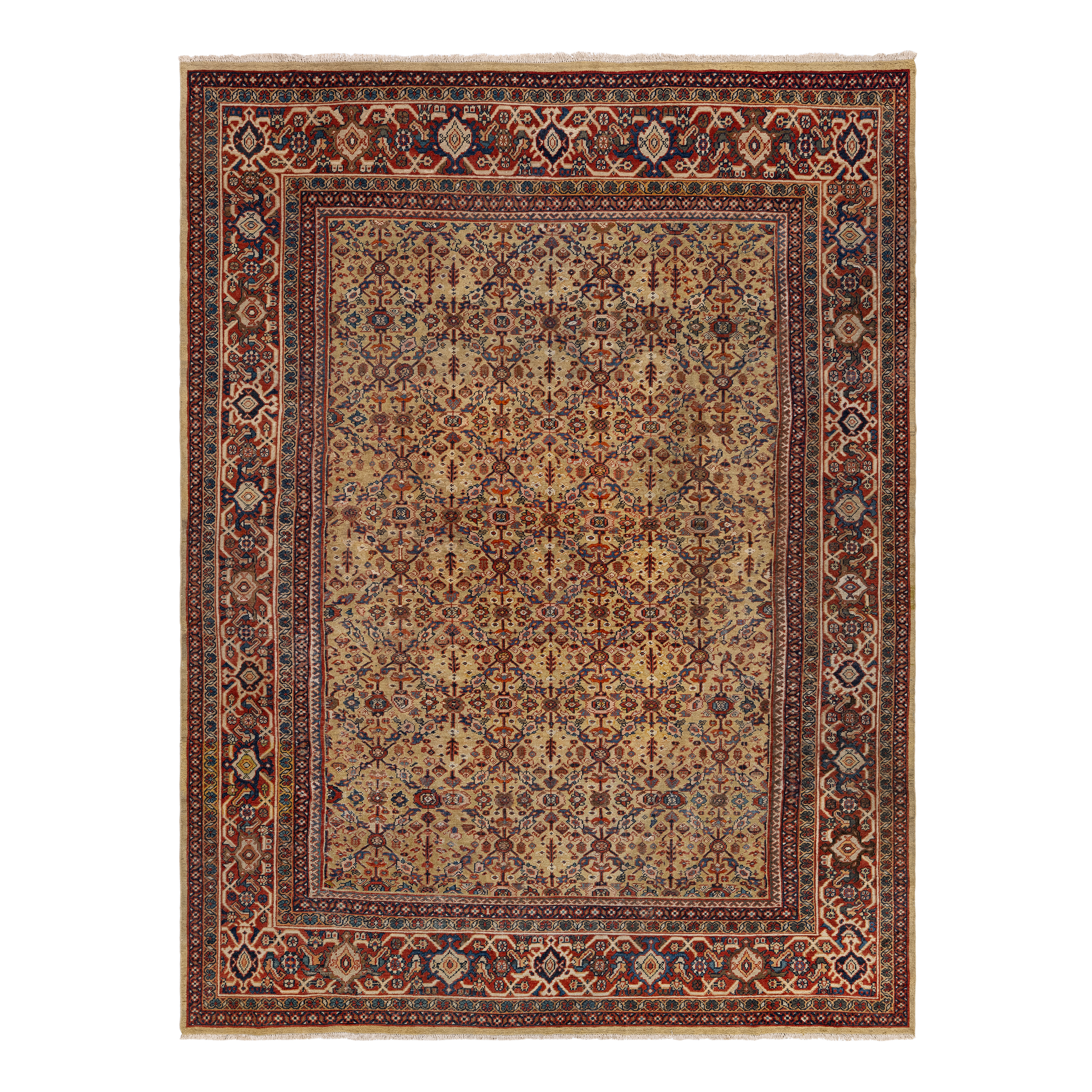 Mahal antique rug in gold color, handwoven in Iran with a classic traditional design