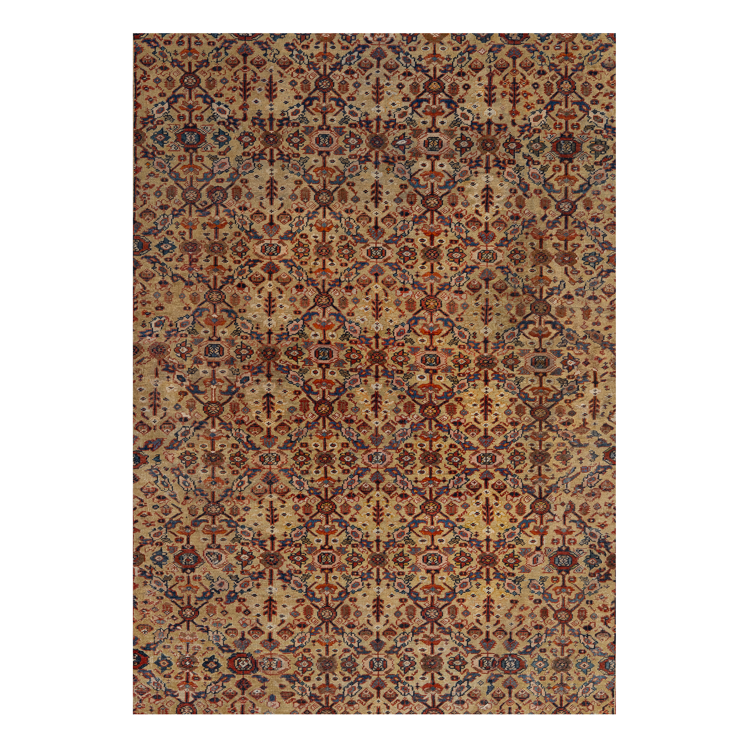 Mahal antique rug in gold color, handwoven in Iran with a classic traditional design